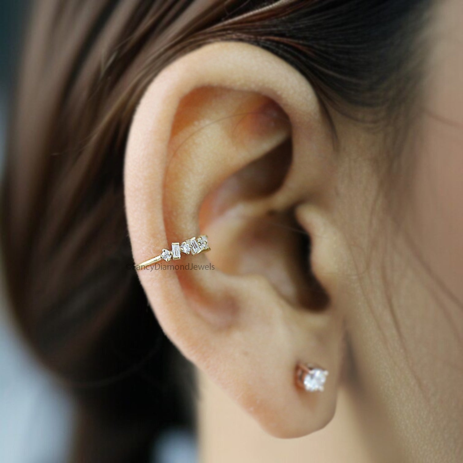 Dainty Baguette & Round Brilliant Cut Colorless Moissanite Diamond Ear Cuff Conch Ear Cuff Yellow Gold Ear Wrap FD329