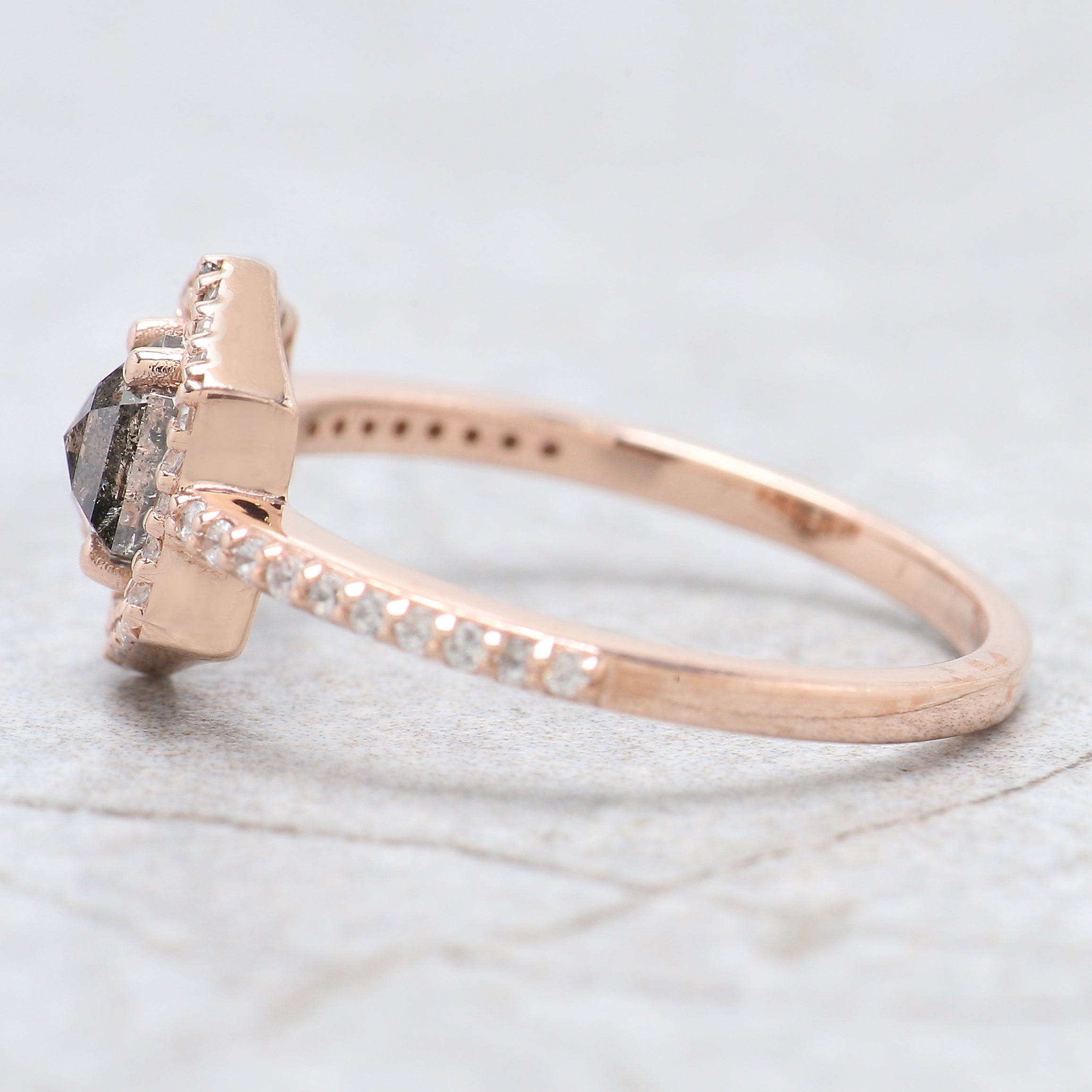 0.57 Ct Natural Hexagon Salt And Pepper Diamond Ring 5.40 MM Hexagon Shape Diamond Ring 14K Solid Rose Gold Silver Engagement Ring QN747