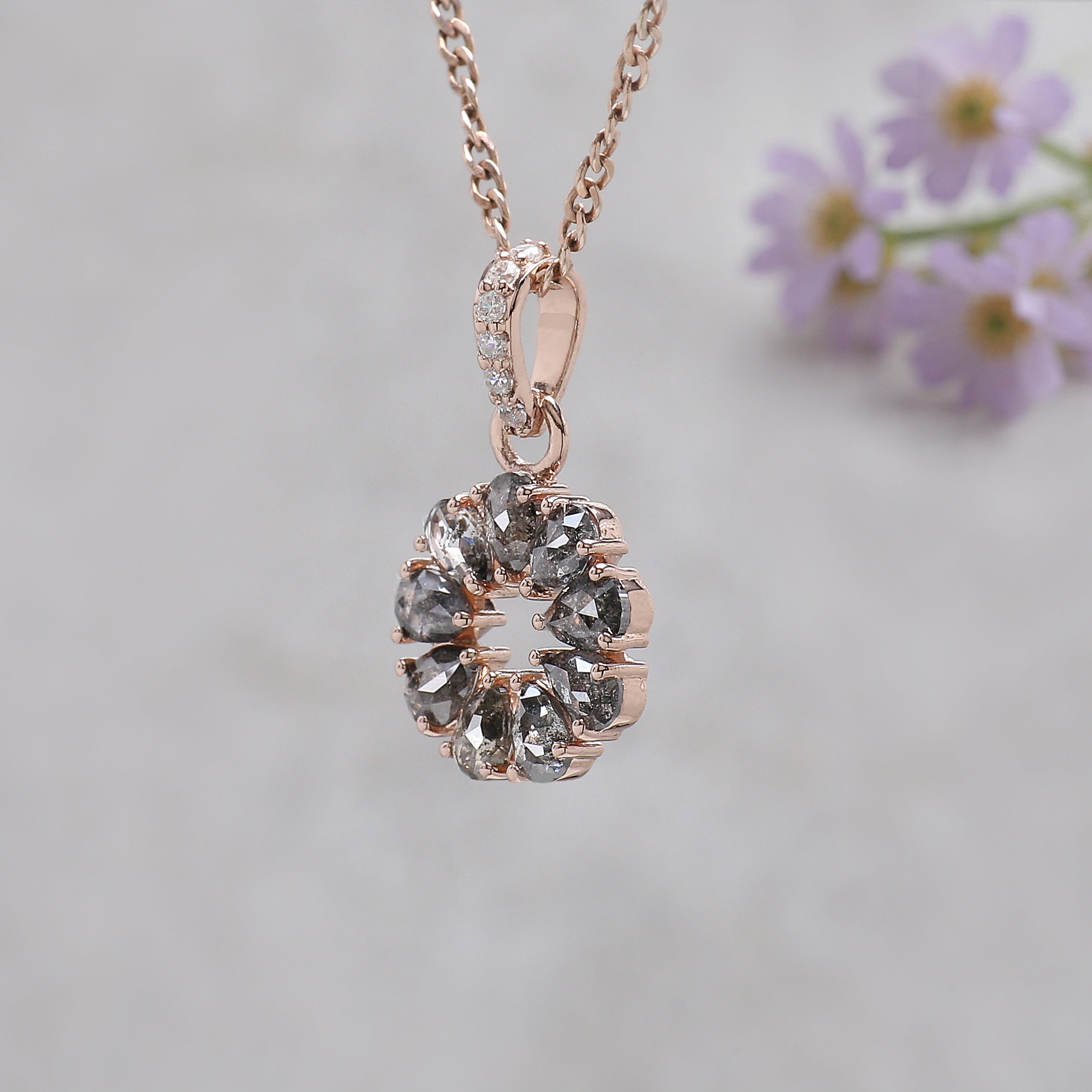 Pear Shape Salt and Pepper Diamond Pendant 0.49 Ct, 14K Solid Rose Gold Necklace, Rustic Diamond Engagement Pendant, Gift for Her KD1199