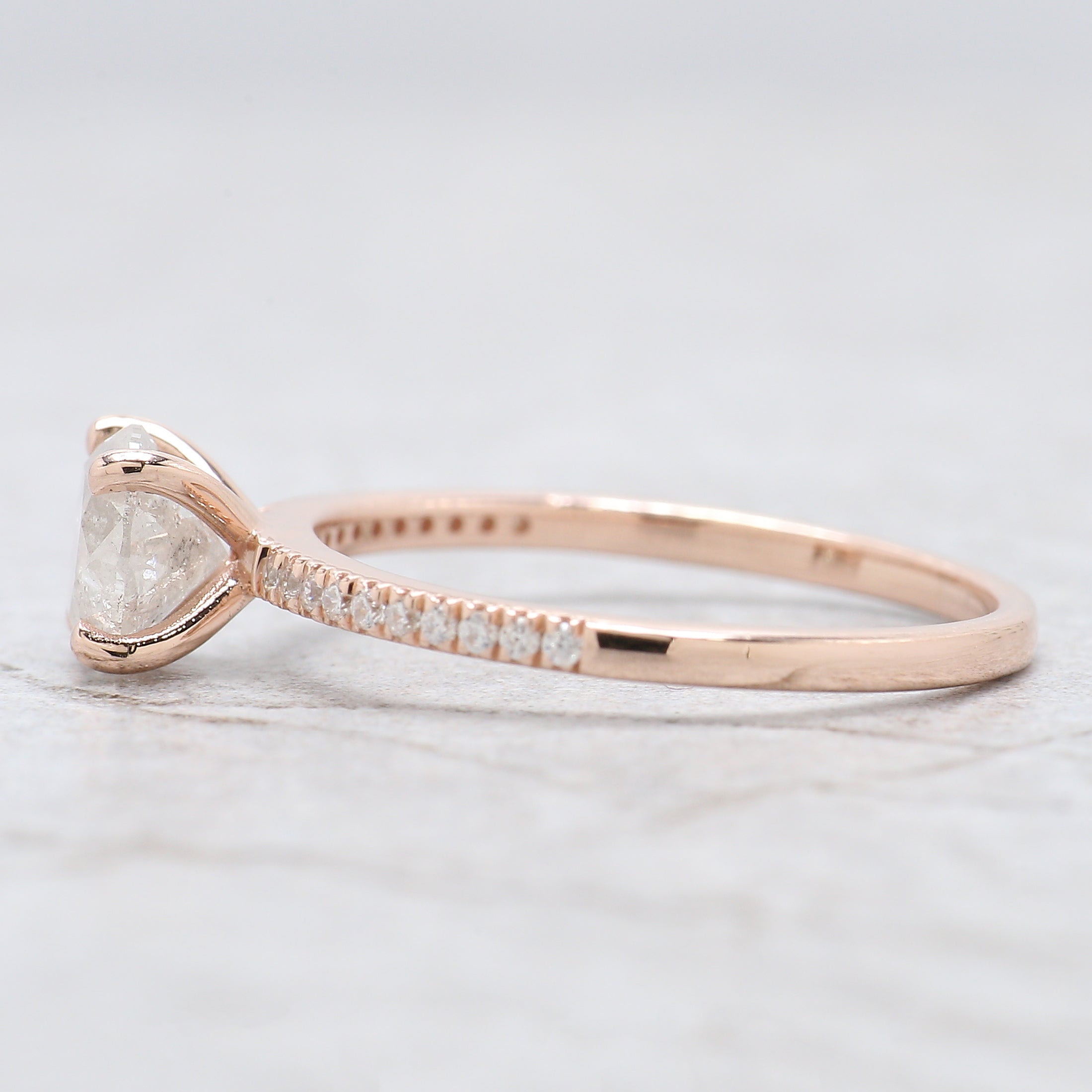 0.86 Ct Natural Round Shape Grey Color Diamond Ring 5.95 MM Round Rose Cut Diamond Ring 14K Solid Rose Gold Silver Engagement Ring QN1062