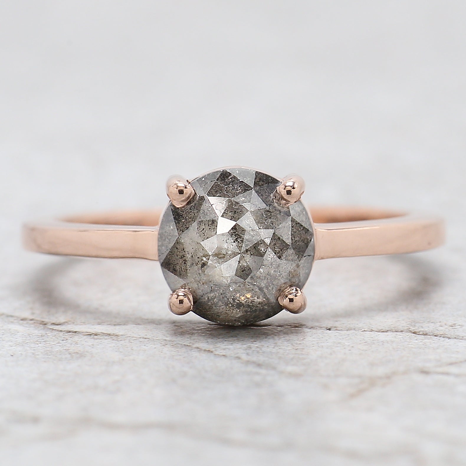 Round Rose Cut Salt And Pepper Diamond Ring 1.71 Ct 7.20 MM Diamond Ring 14K Solid Rose Gold Silver Engagement Ring Gift For Her QL1198