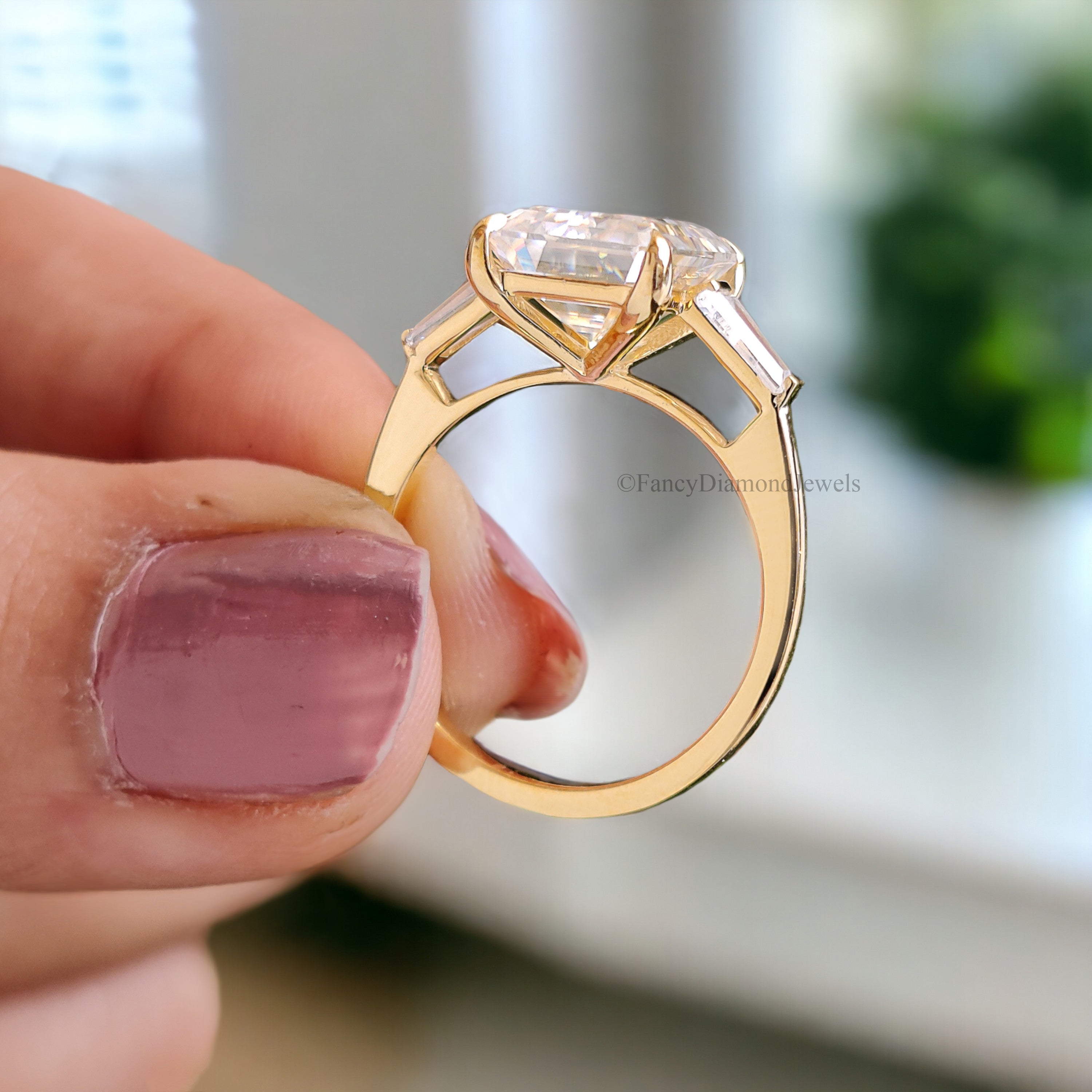 3.45 CT Emerald Cut Colorless Moissanite Ring Three Stone Engagement Ring Side Tapered Baguette Moissanite Claw Prong Anniversary Gift FD137