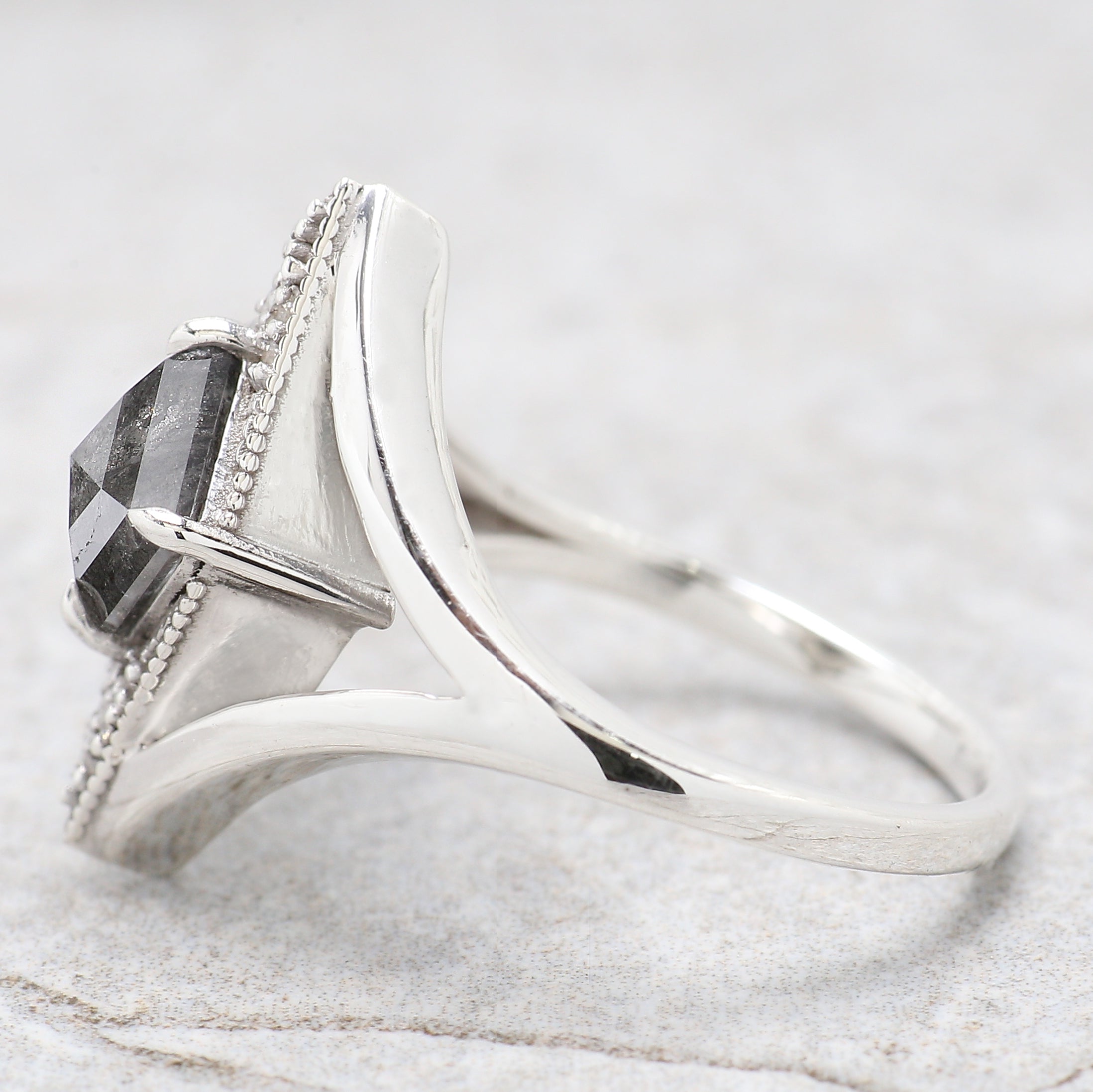 Kite Cut Salt And Pepper Diamond Ring 0.97 Ct 8.09 MM Kite Diamond Ring 14K Solid Rose Gold Silver Kite Engagement Ring Gift For Her QL2199