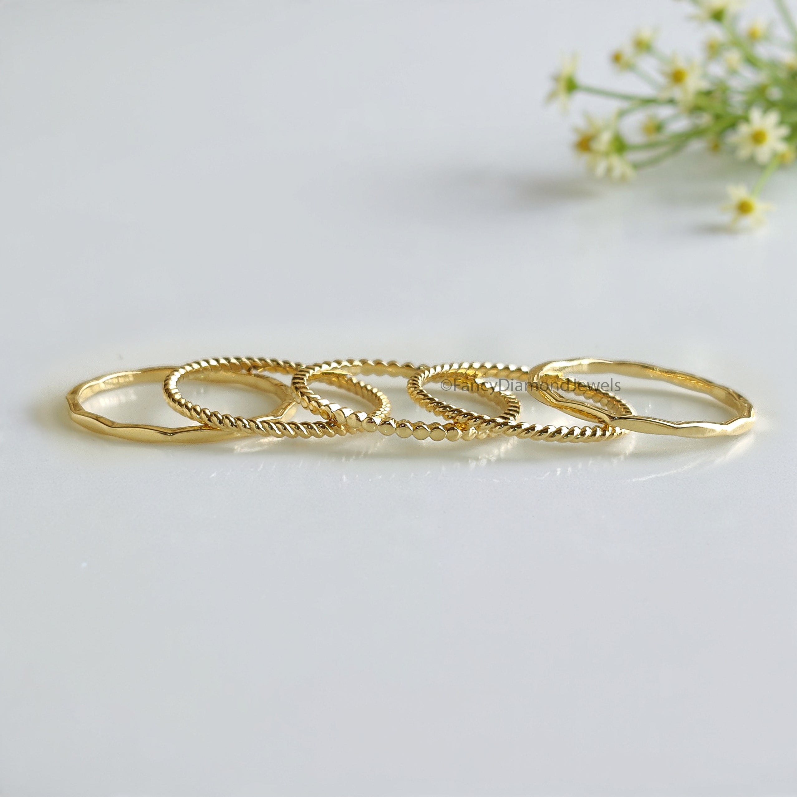 Handmade Filled Stackable 5 Rings Set Simple Wedding Band Yellow Gold Unique Wedding Band Minimal Dainty Stacking Band Gift For Her FD540