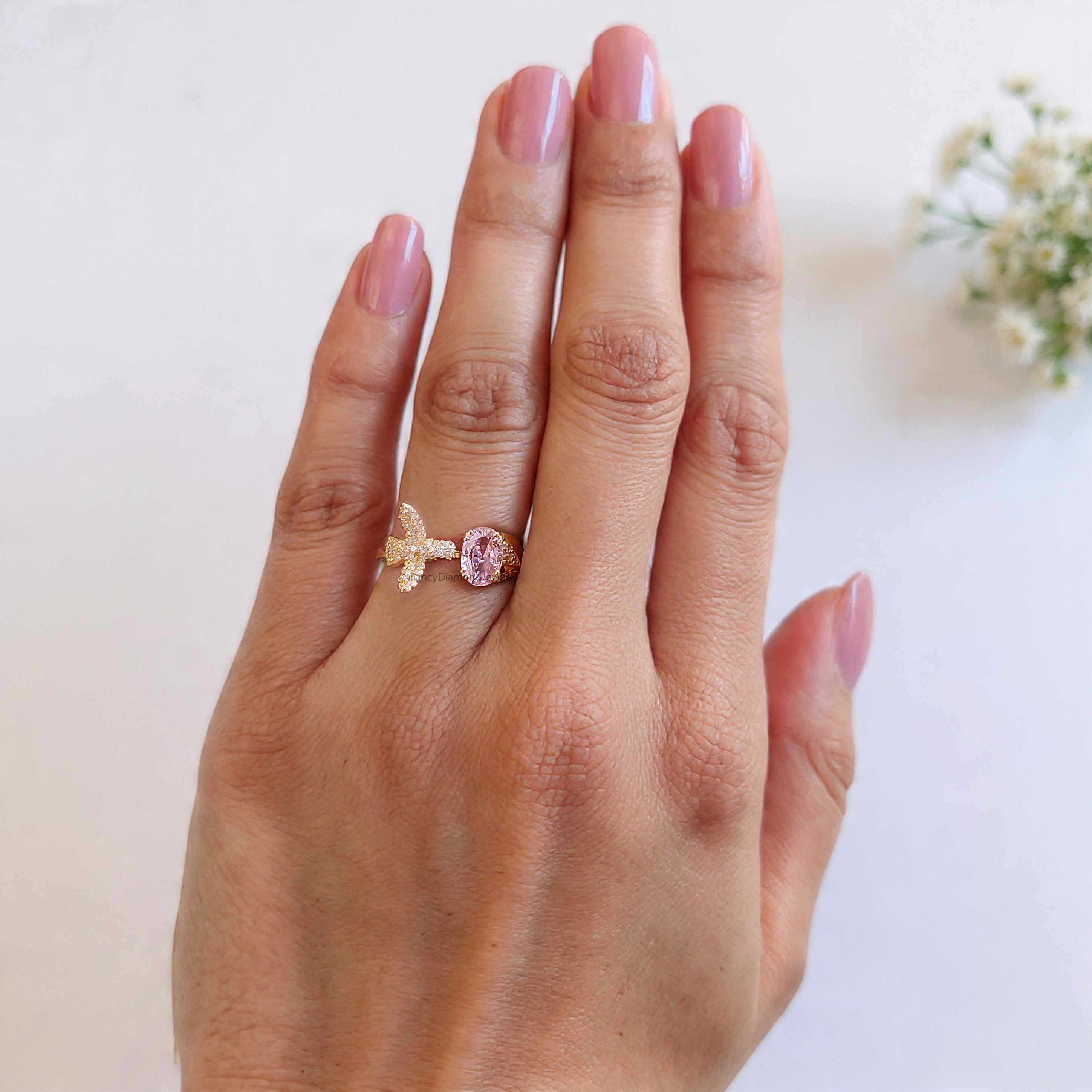 Oval Diamond Bird Ring Simulated Diamond Engagement Ring Yellow Plated Ring Anniversary Ring Simulant Pink Oval ring Gift For Her FD532