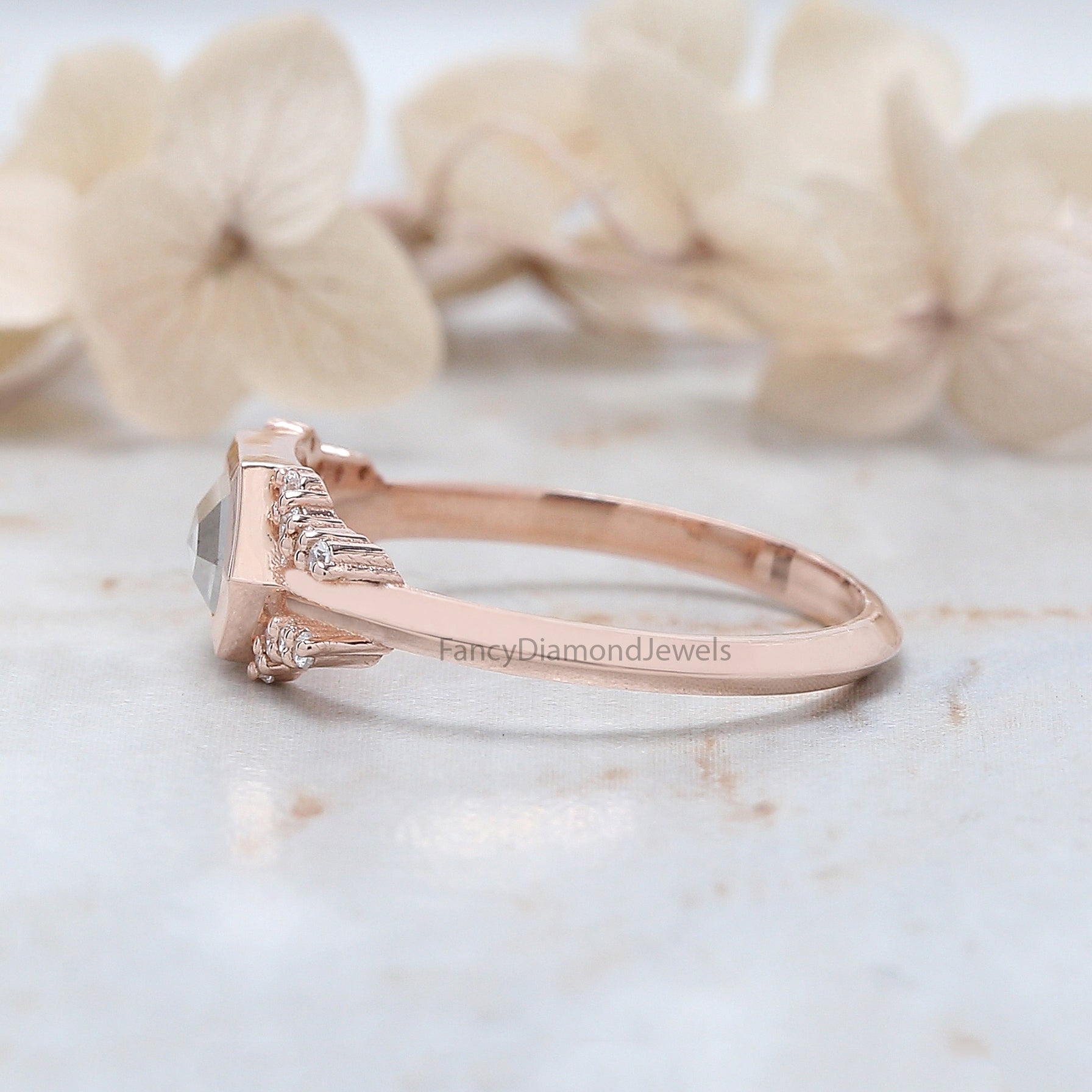 Hexagon Cut Grey Color Diamond Ring 0.88 Ct 7.25 MM Hexagon Shape Diamond Ring 14K Rose Gold Silver Engagement Ring Gift For Her QL212