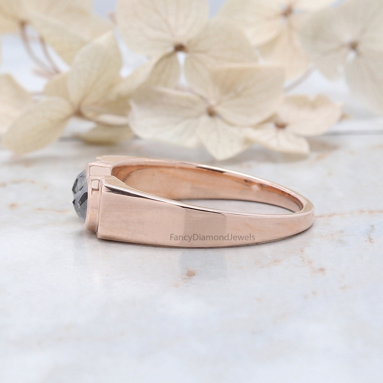 Round Rose Cut Salt And Pepper Diamond Band 0.98 Ct 4.55 MM Round Diamond Band 14K Rose Gold Silver Engagement Band Gift For Him QK2442