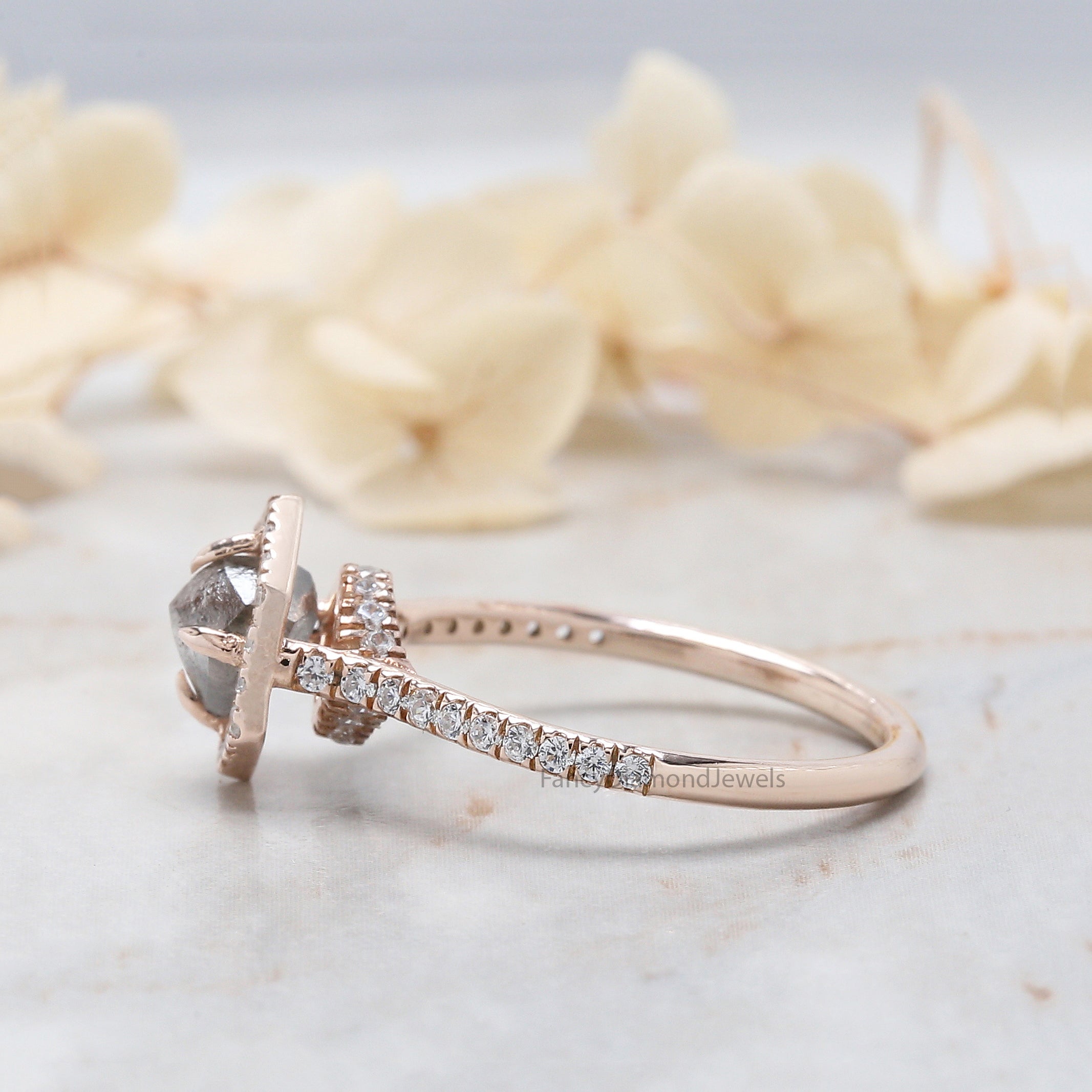 1.15 Ct Natural Rough Salt And Pepper Diamond Ring 6.00 MM Rough Diamond Ring 14K Solid Rose Gold Silver Engagement Ring Halo Ring QN2523