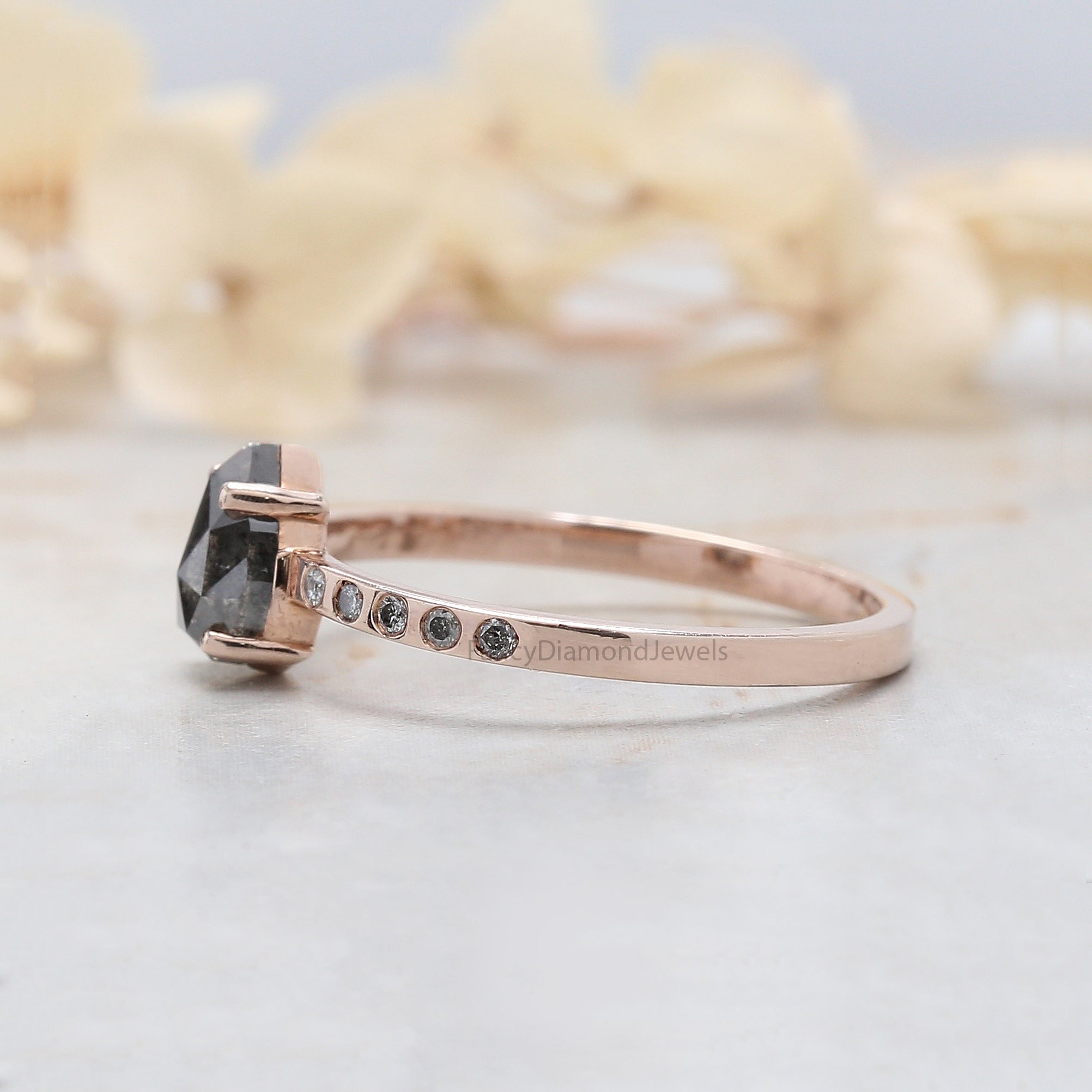 Pear Cut Salt And Pepper Diamond Ring 0.91 Ct 6.90 MM Pear Diamond Ring 14K Solid Rose Gold Silver Pear Engagement Ring Gift For Her QL3095