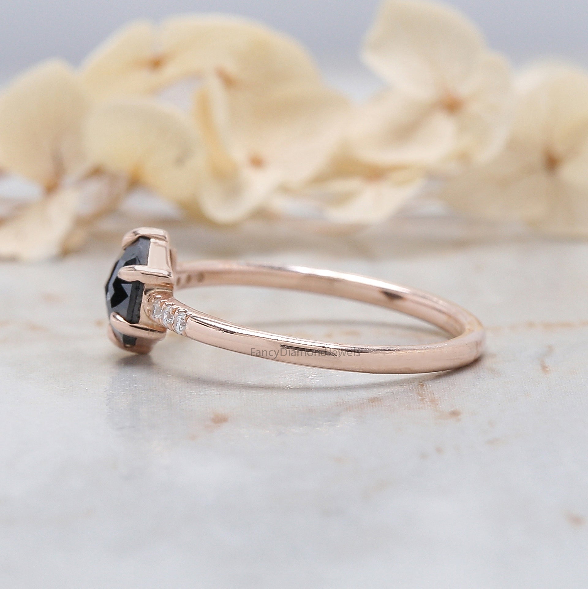 Round Rose Cut Black Color Diamond Ring 0.74 Ct 6.13 MM Round Shape Diamond Ring 14K Rose Gold Silver Engagement Ring Gift For Her QN2508