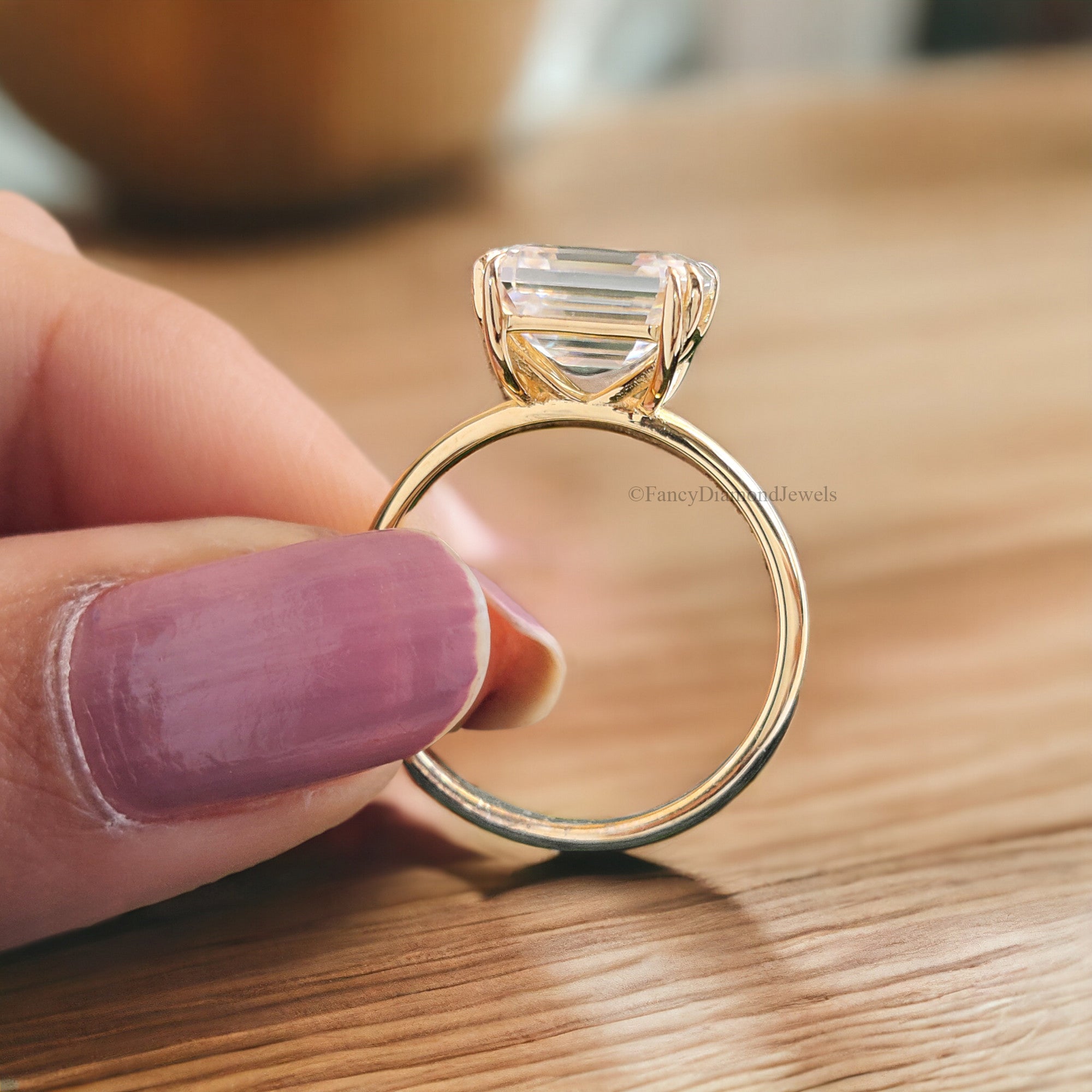 East To West Setting Ring Emerald Shape Engagement Ring Thin Band Solitaire Wedding Band Promise Ring 14K Yellow Gold Gift for Her FD127