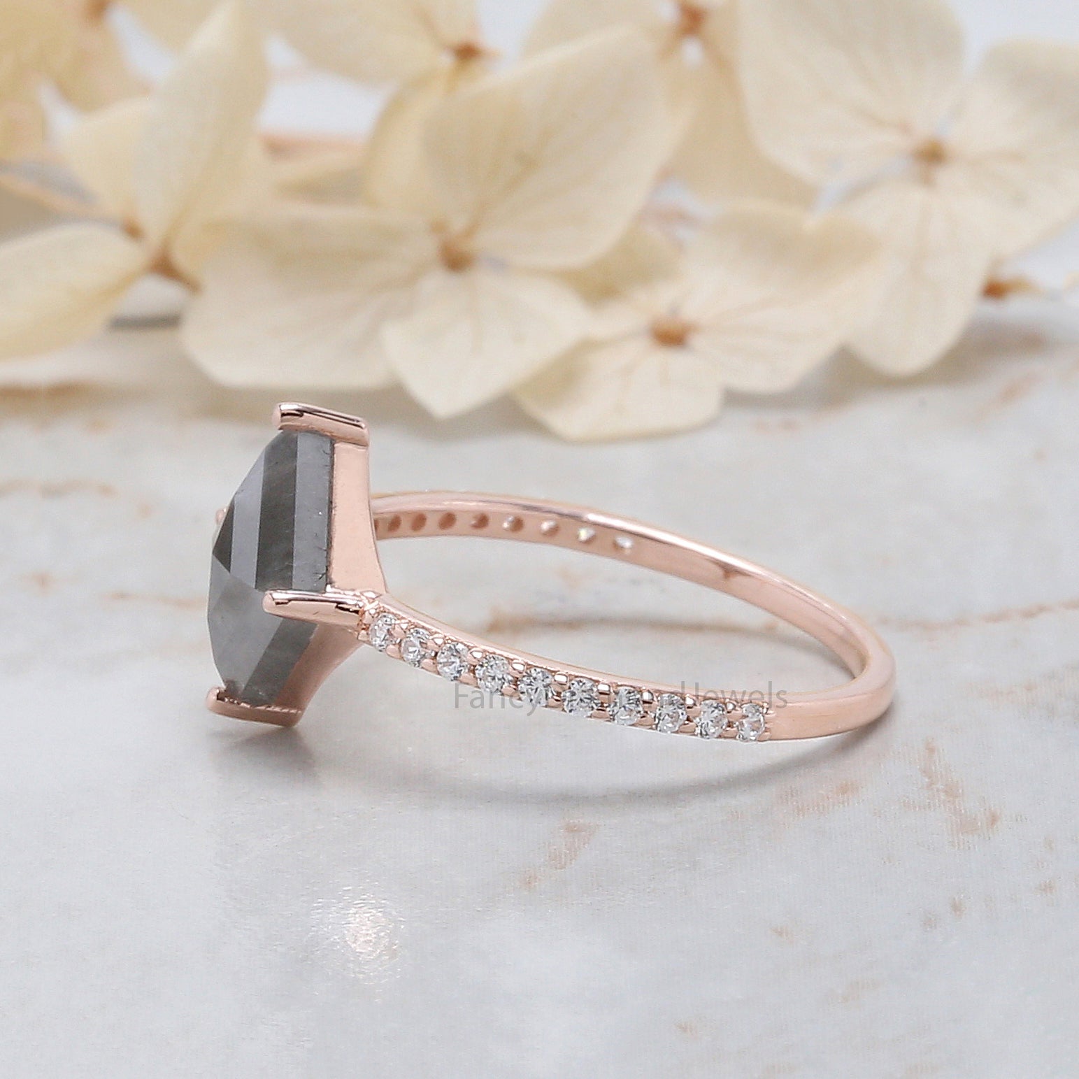 Kite Cut Salt And Pepper Diamond Ring 1.50 Ct 9.60 MM Kite Diamond Ring 14K Solid Rose Gold Silver Kite Engagement Ring Gift For Her QK2049