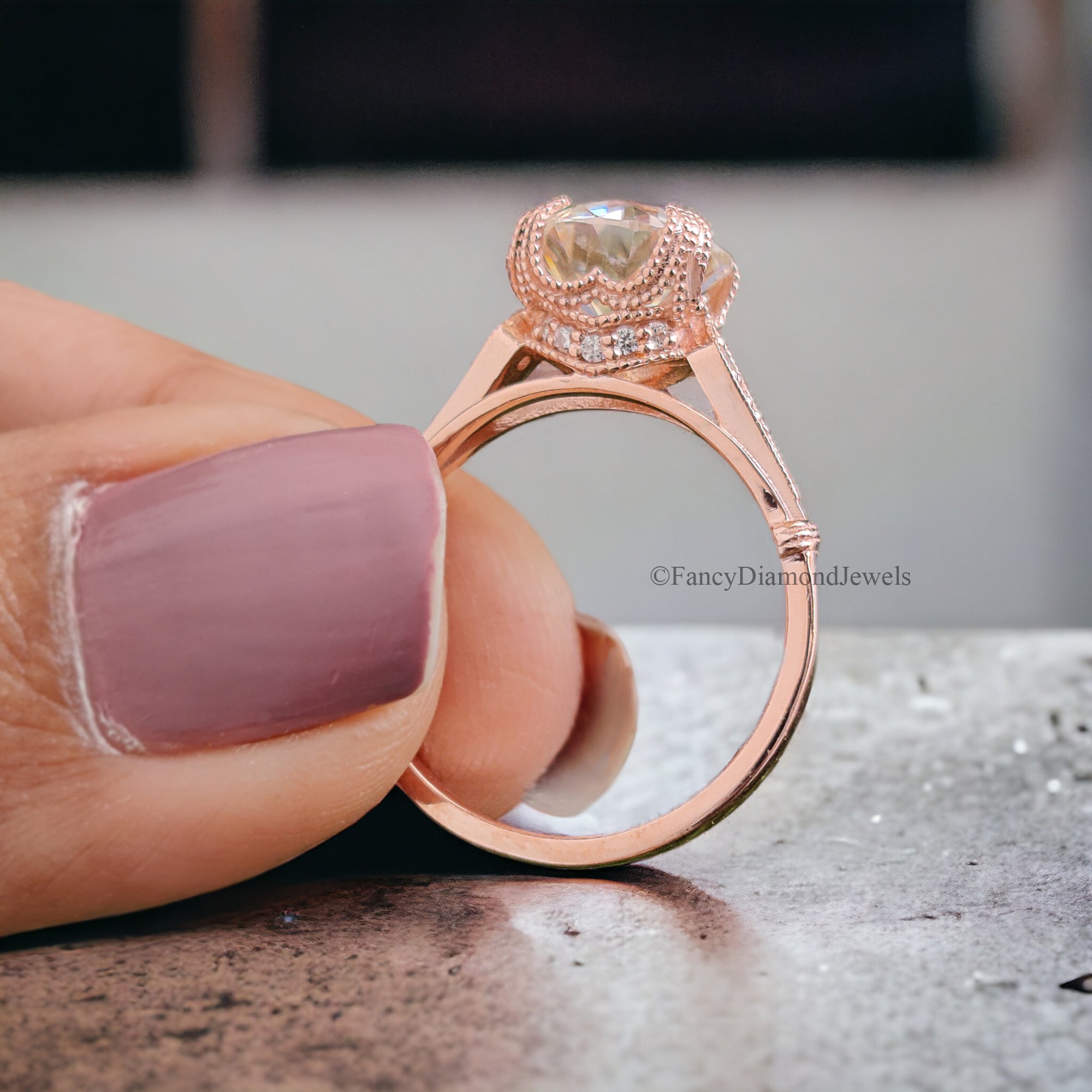 Old European Cut Engagement Ring Rose Gold Ring Round Moissanite Ring 2 CT Moissanite Milgrain Setting Ring Promise Ring For Her FD270