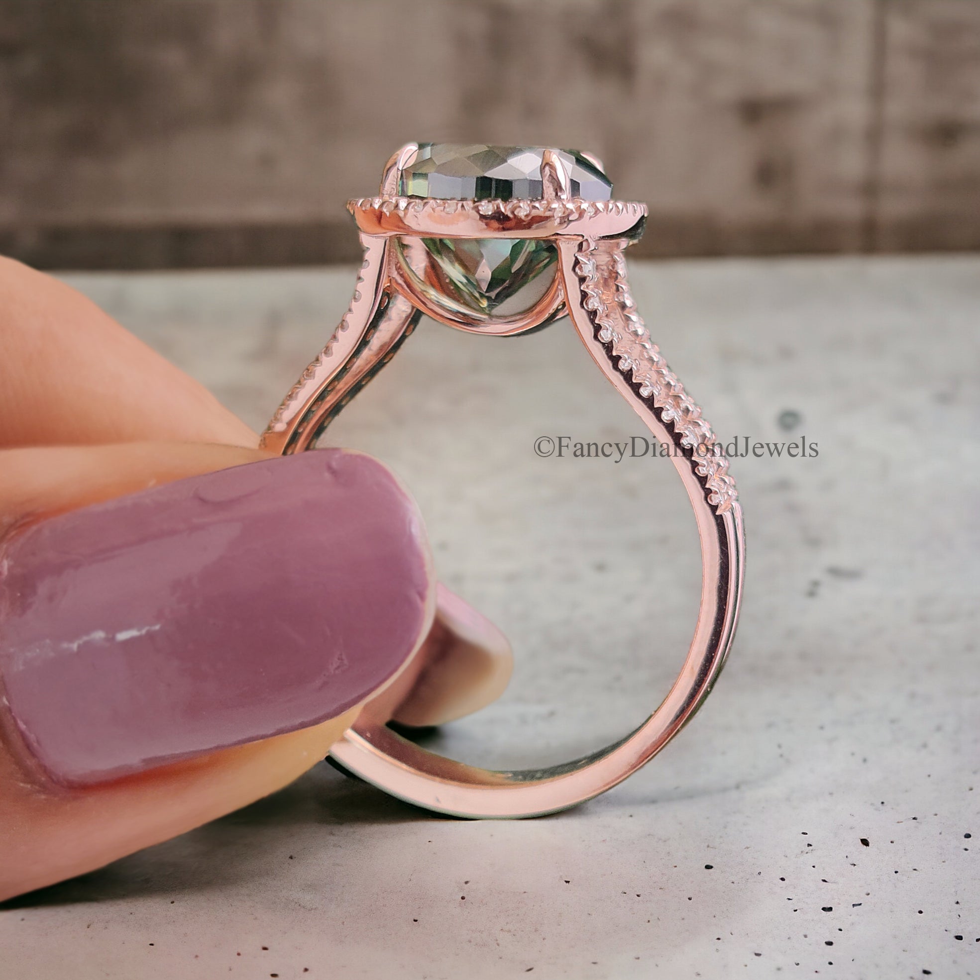 Cyan Blue Round Portuguese Cut Moissanite Ring - Rose Gold Halo Engagement Ring With Split Shank And Round Brilliant Cut Side Stones FD209