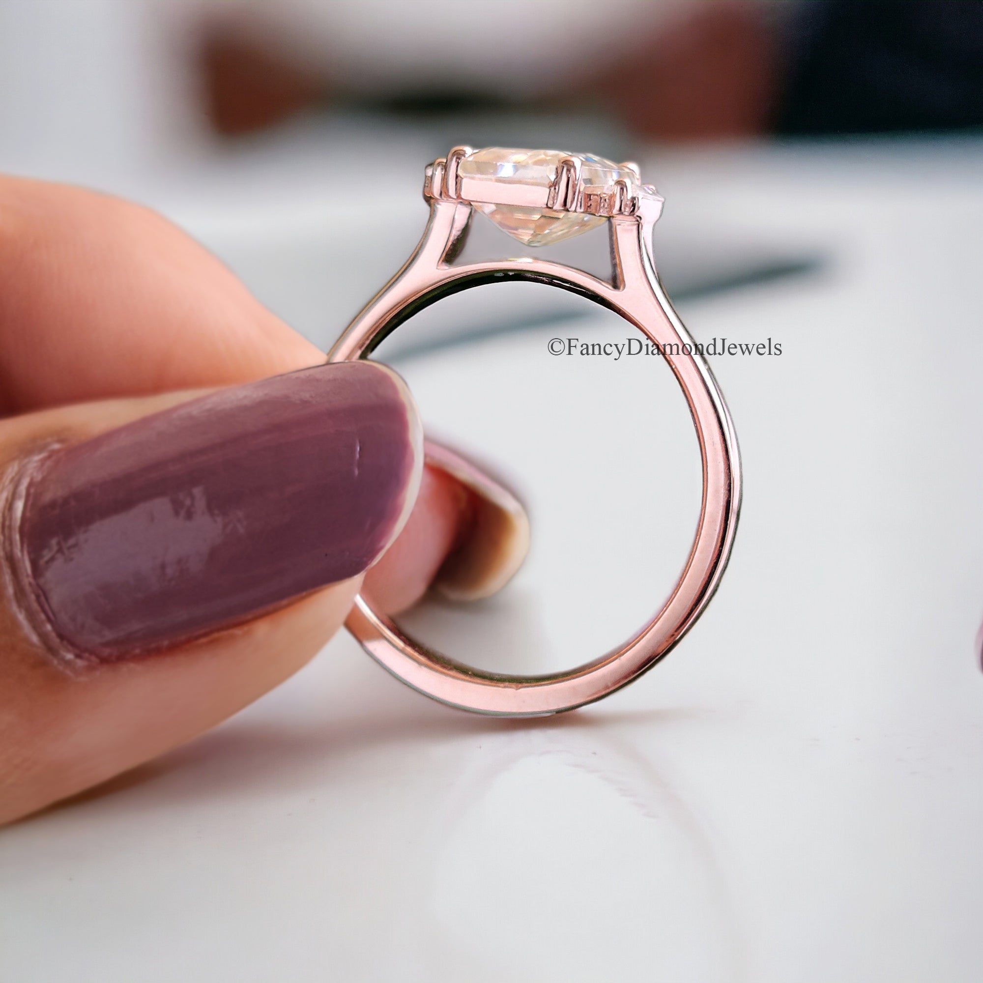 Three Stone Ring Emerald With Side Baguettes 1.50 CT Colorless Emerald Moissanite Engagement Ring Wedding Ring Rose Gold Designer Ring FD95