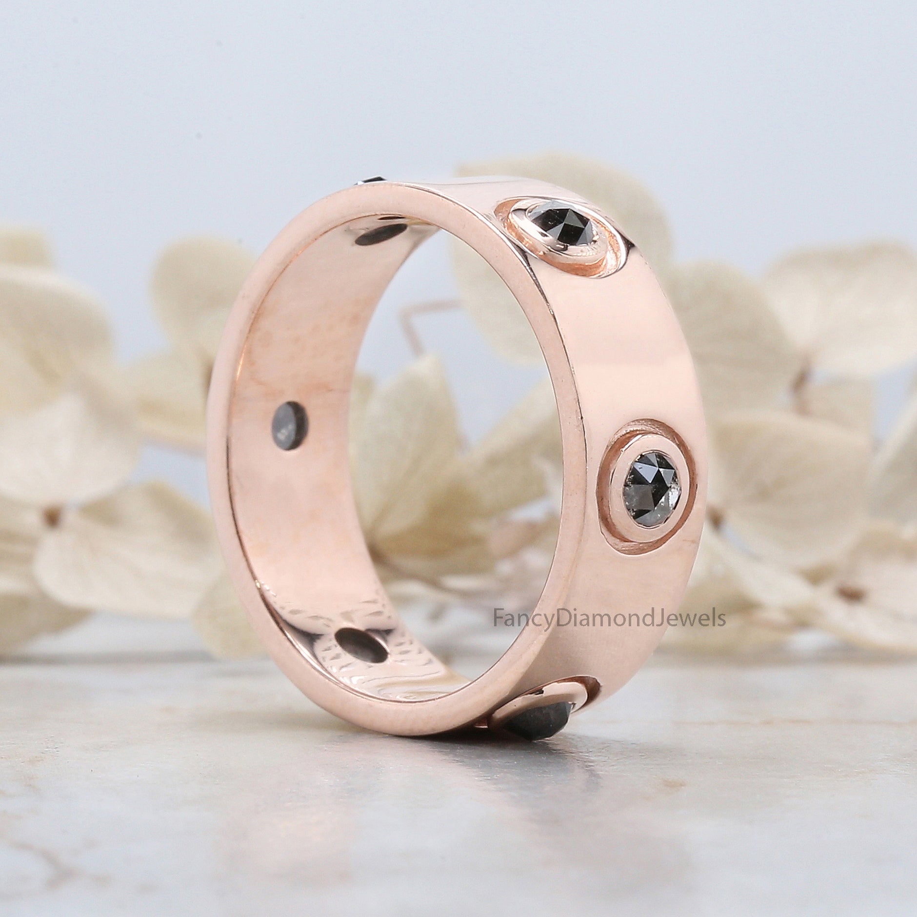 Round Rose Cut Salt And Pepper Diamond Band 1.17 Ct 3.30 MM Round Diamond Band 14K Rose Gold Silver Engagement Band Gift For Him QL6222