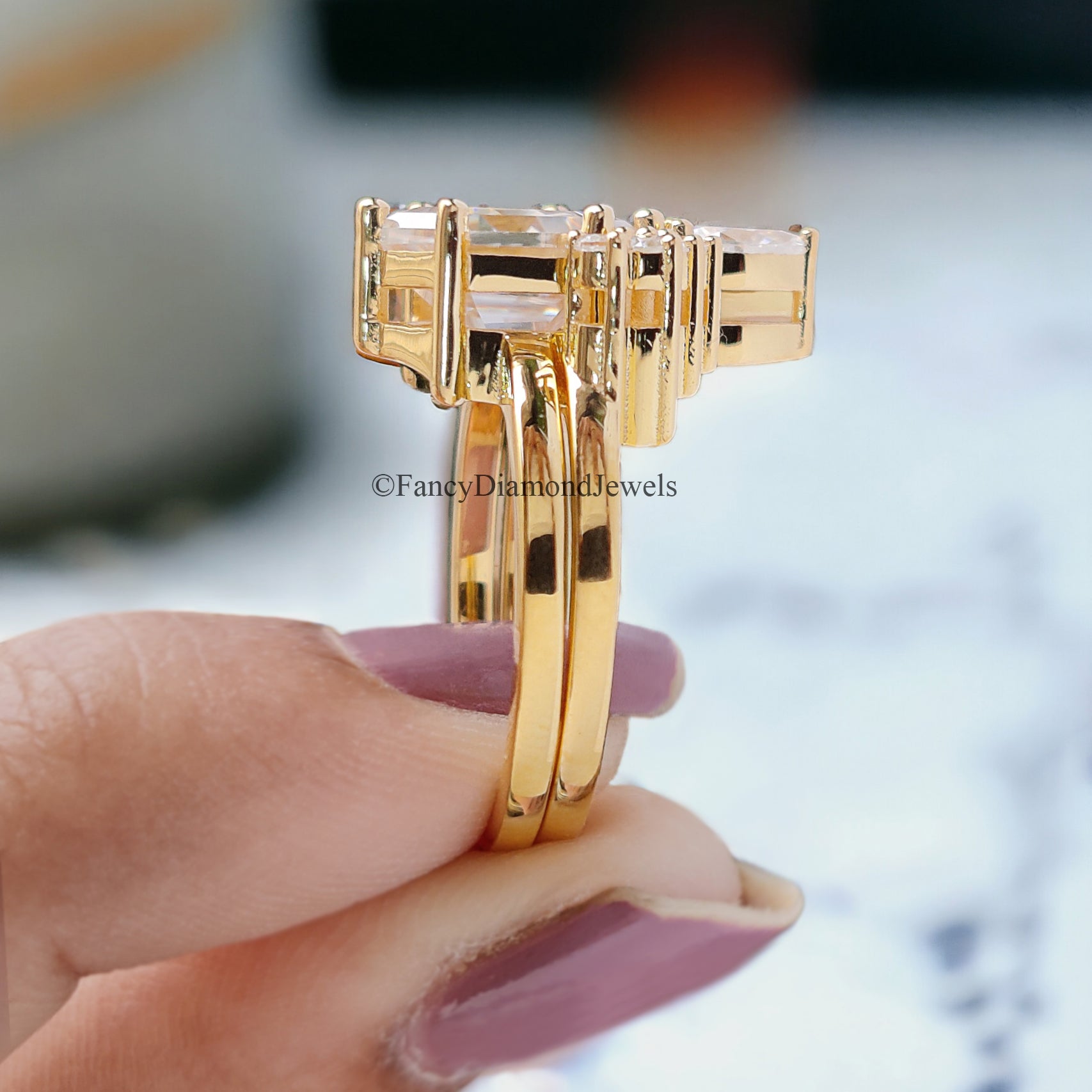 Vintage Moissanite Engagement Ring Set 3.00 CT Moissanite Ring Hexagon Yellow Gold Crown Ring Unique Stacking Ring Diamond Cluster Ring FD82