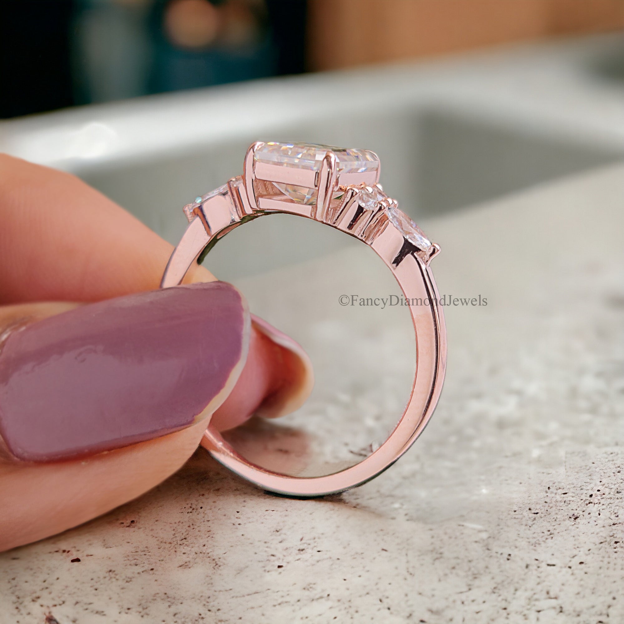 Vintage Emerald Moissanite Engagement Ring Delicate Anniversary Ring Prong Set Simulated Diamond Ring Milgrain Antique Wedding Ring FD180