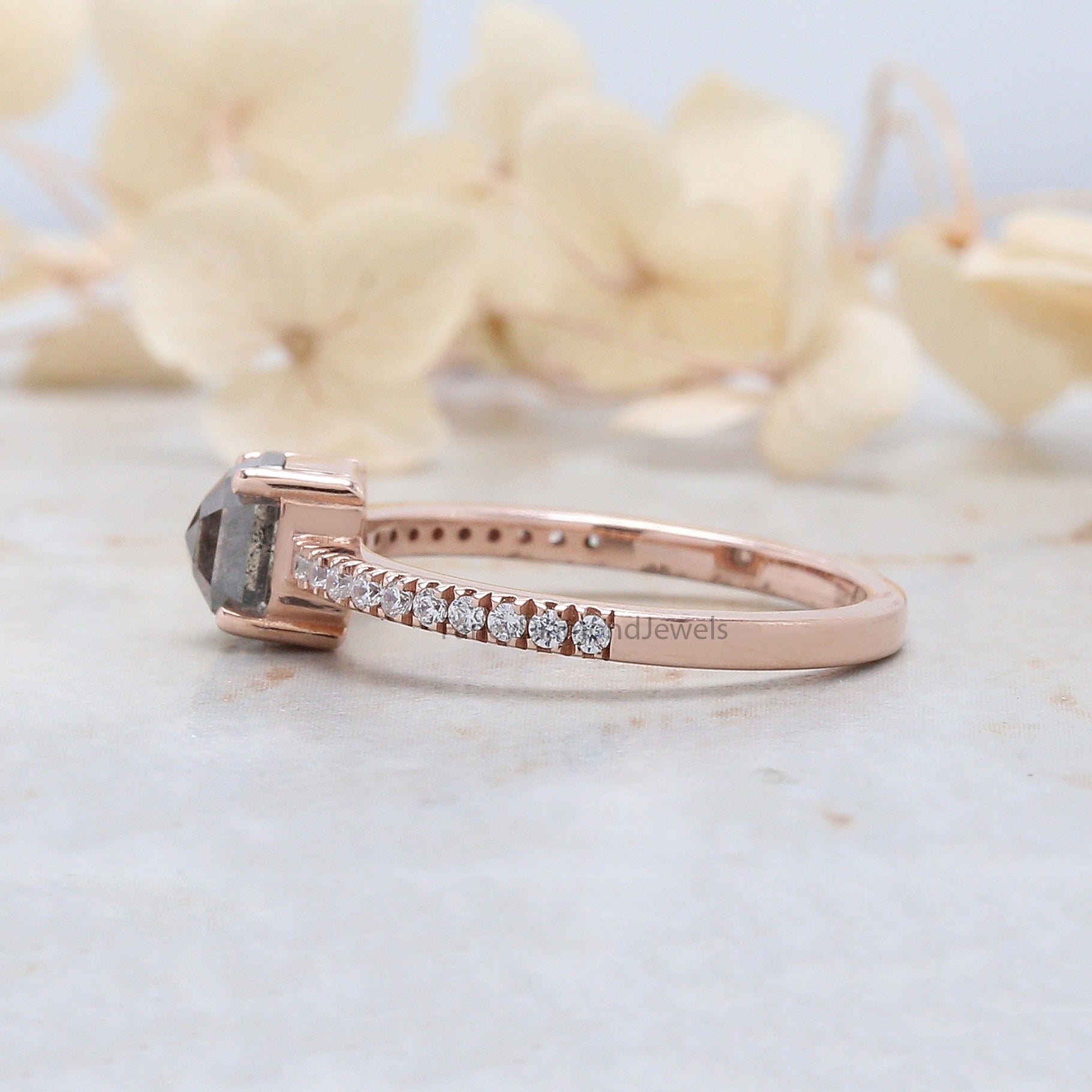 Emerald Cut Salt And Pepper Diamond Ring 1.05 Ct 5.60 MM Emerald Diamond Ring 14K Solid Rose Gold Silver Engagement Ring Gift For Her QL3062