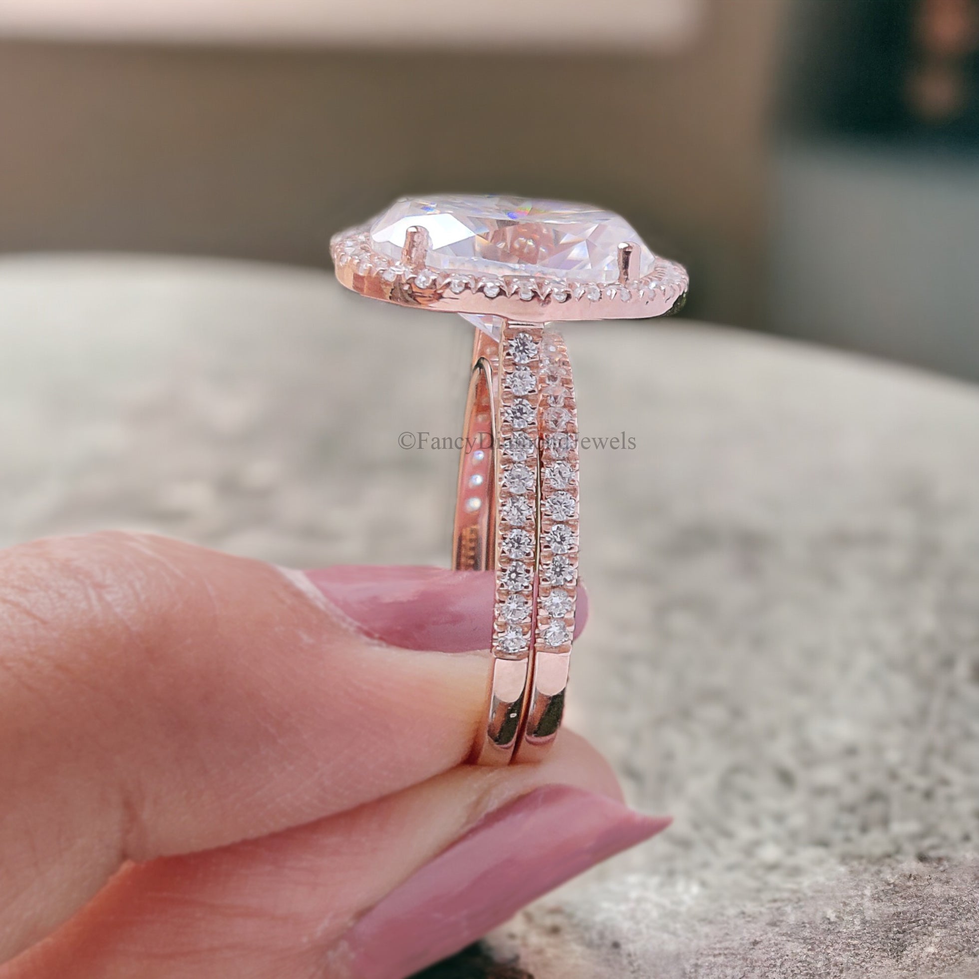 Oval Moissanite Engagement Ring Rose Gold Moissanite And Diamond Halo Ring Diamond Half Eternity Band Moissanite Bridal Ring Set FD134