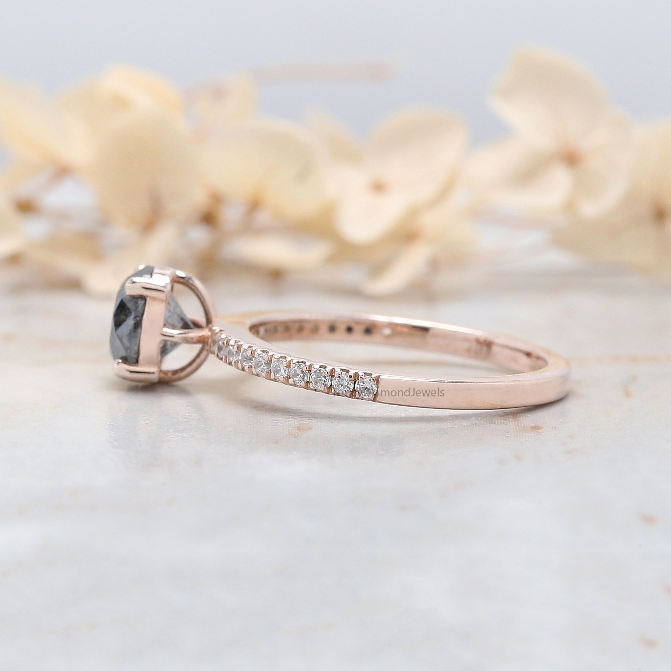 Round Cut Salt And Pepper Diamond Ring 1.25 Ct 6.40 MM Round Diamond Ring 14K Solid Rose Gold Silver Engagement Ring Gift For Her QL8301