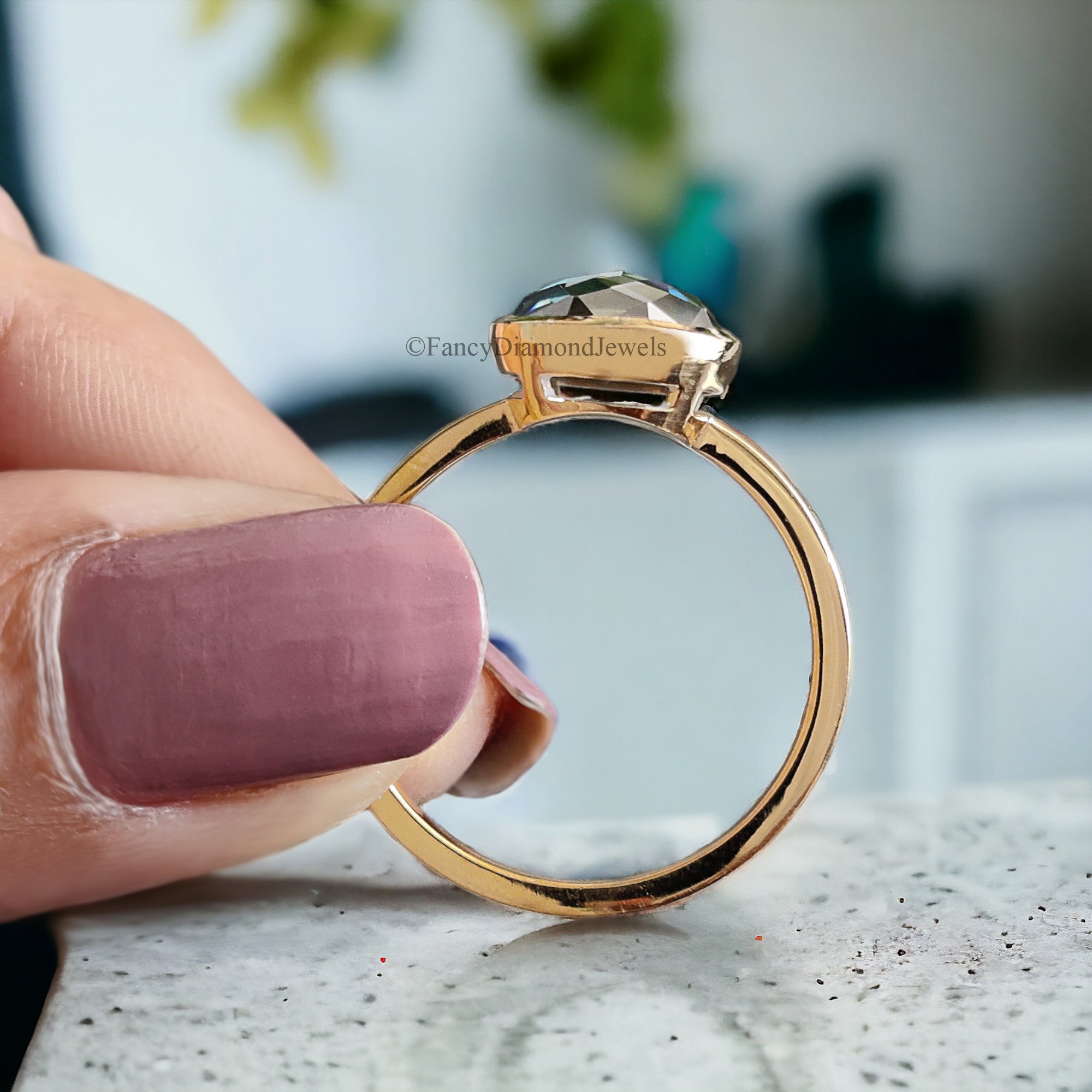 Round Rose Cut Moissanite Bezel Set Engagement Ring 2.35 ct Blue Green Moissanite Round Rose Cut Yellow Gold Silver Ring Gift For Her FD55