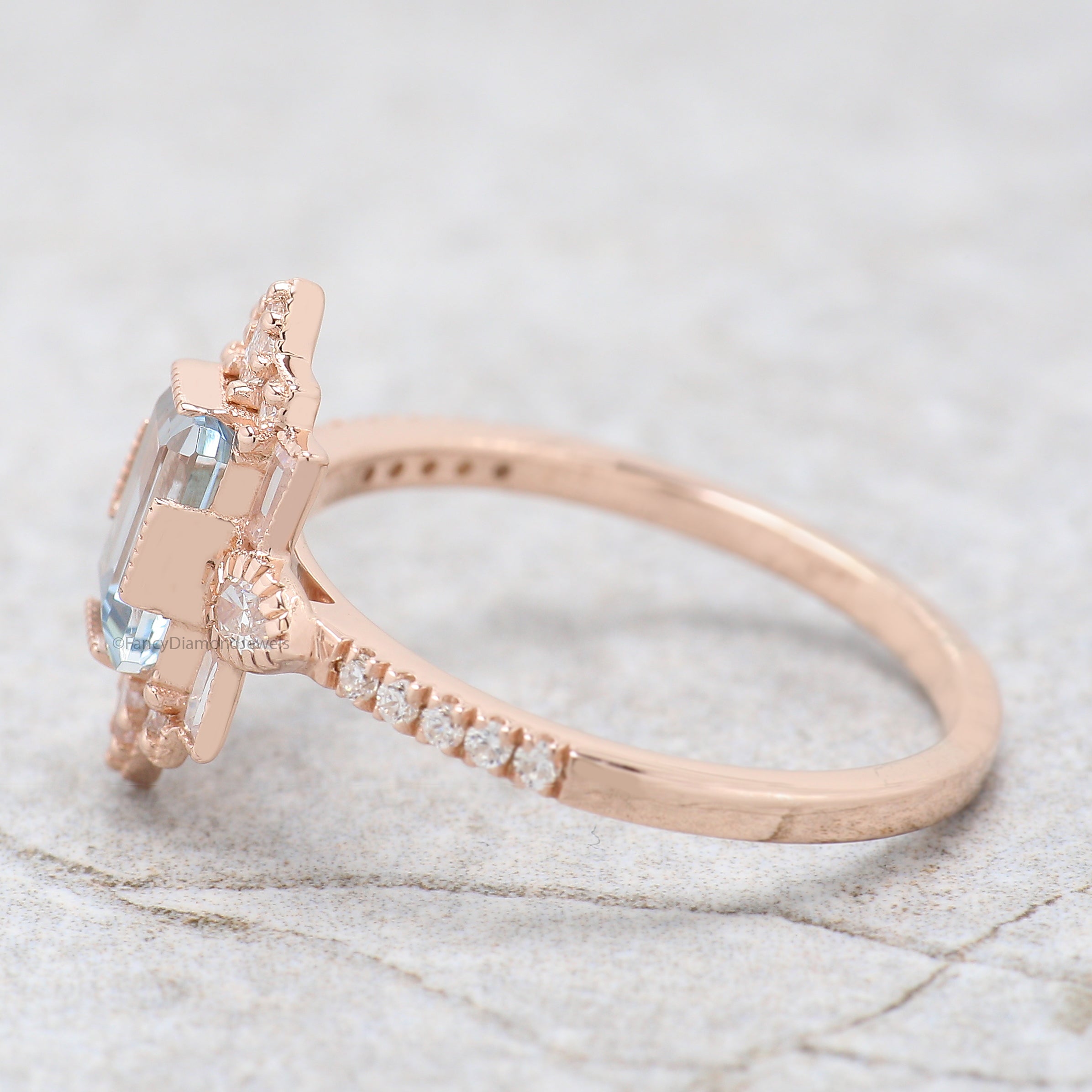 Emerald Cut Natural Aquamarine Engagement Ring Baguette wedding ring Unique art deco ring Pear halo ring Starburst ring Gift For Her FD385