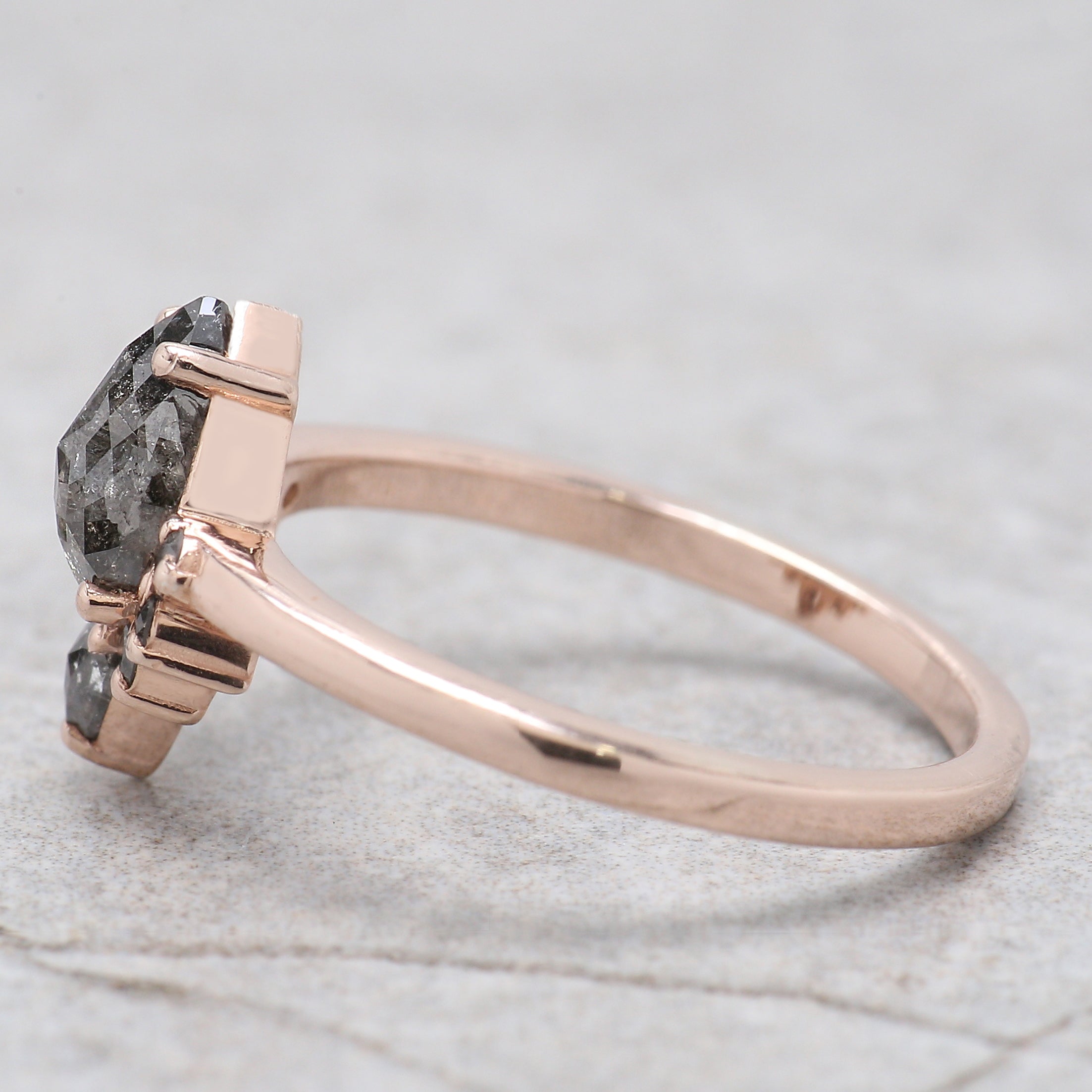 0.91 Ct Natural Pear Shape Salt And Pepper Diamond Ring 7.20 MM Pear Cut Diamond Ring 14K Solid Rose Gold Silver Engagement Ring QL1665