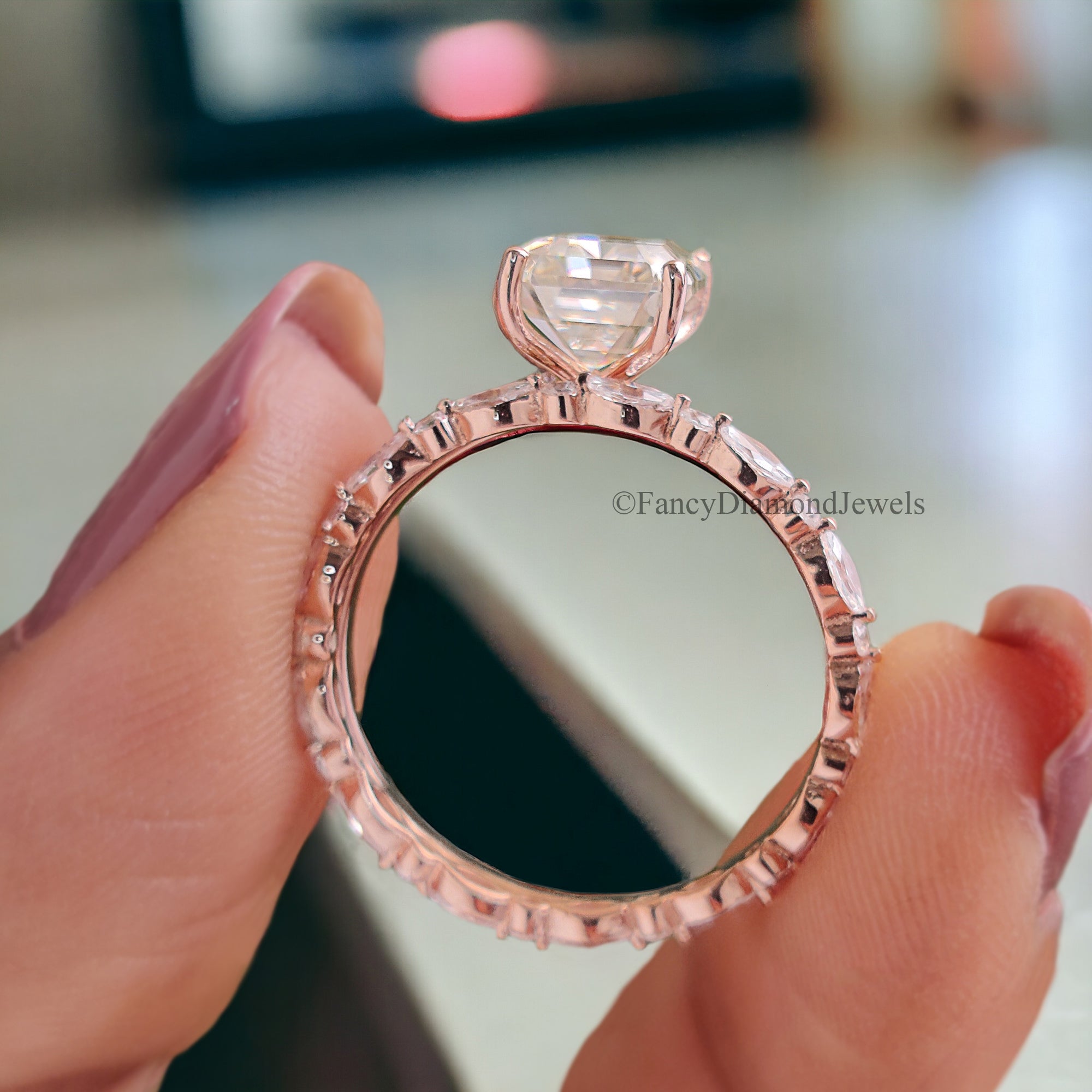 Emerald Cut Moissanite Engagement Ring Set Solitaire Engagement Ring Rose Gold Unique Full Eternity Ring Anniversary Gift For Women FD220