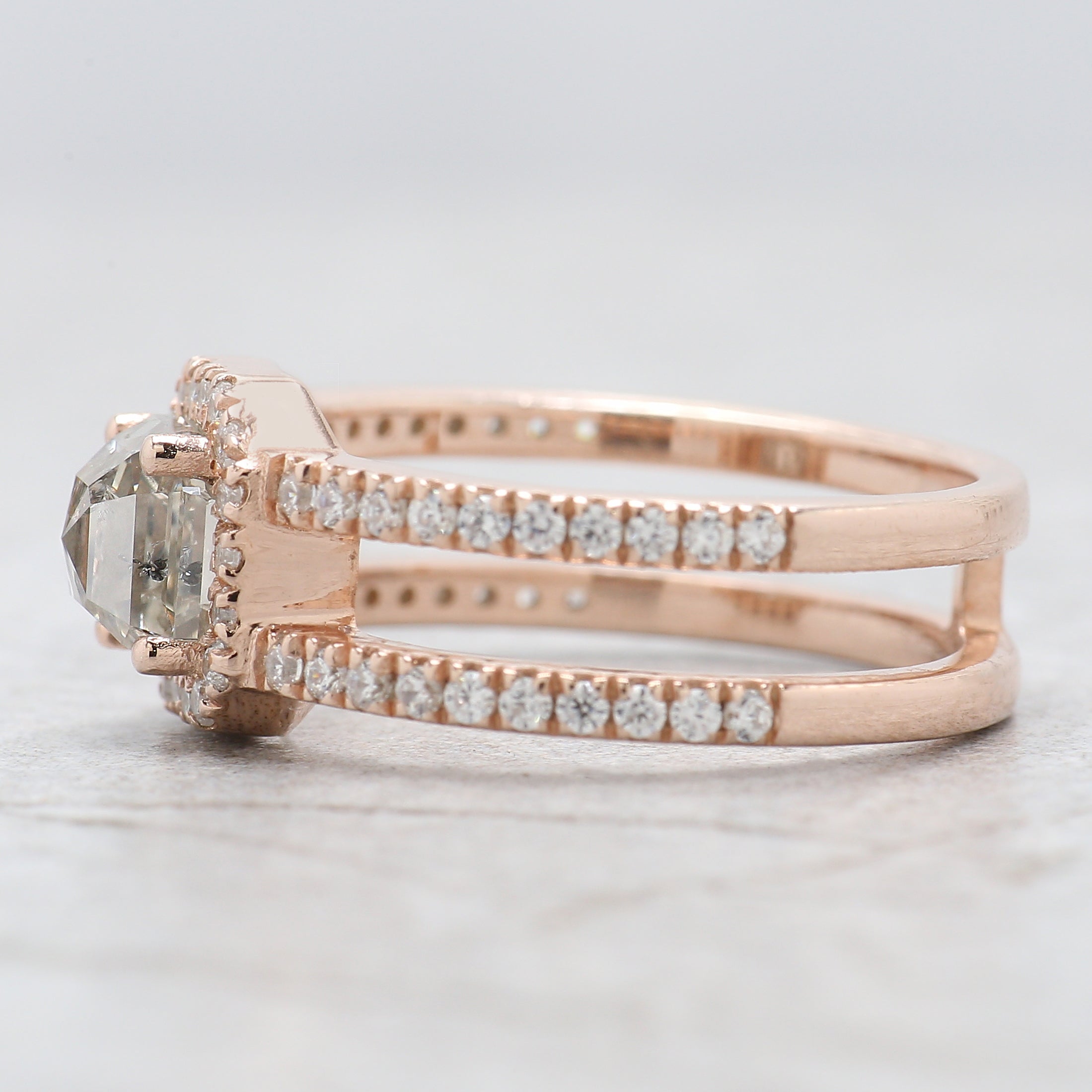 Emerald Salt And Pepper Diamond Ring 1.18 Ct 5.66 MM Emerald Diamond Ring 14K Solid Rose Gold Silver Engagement Ring Gift For Her QL2627