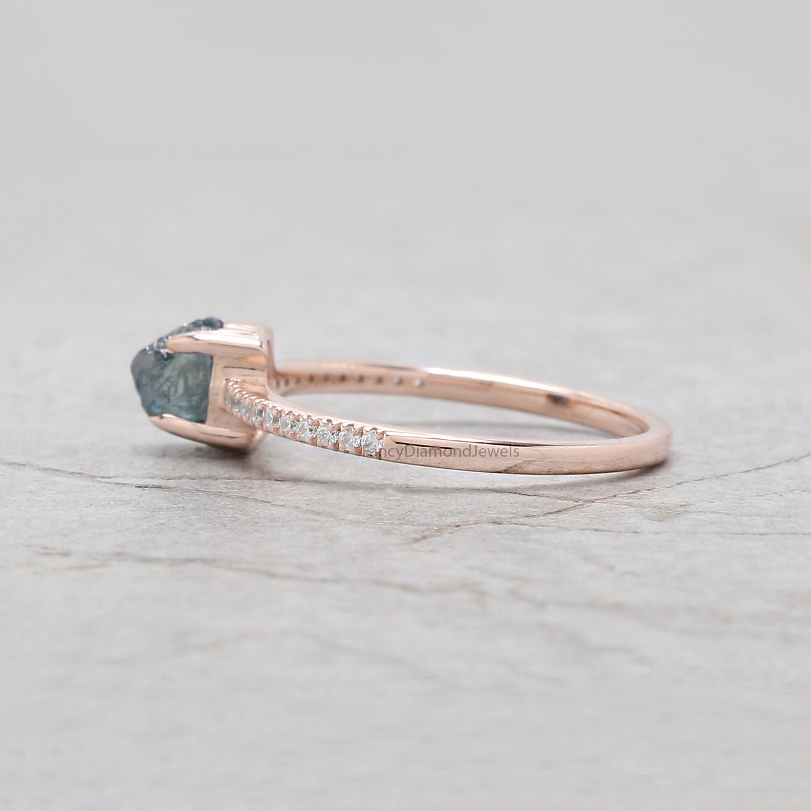 Rough Blue Color Diamond Ring 0.76 Ct 5.25 MM Crystal Rough Diamond Ring 14K Solid Rose Gold Silver Engagement Ring Gift For Her QLB2235