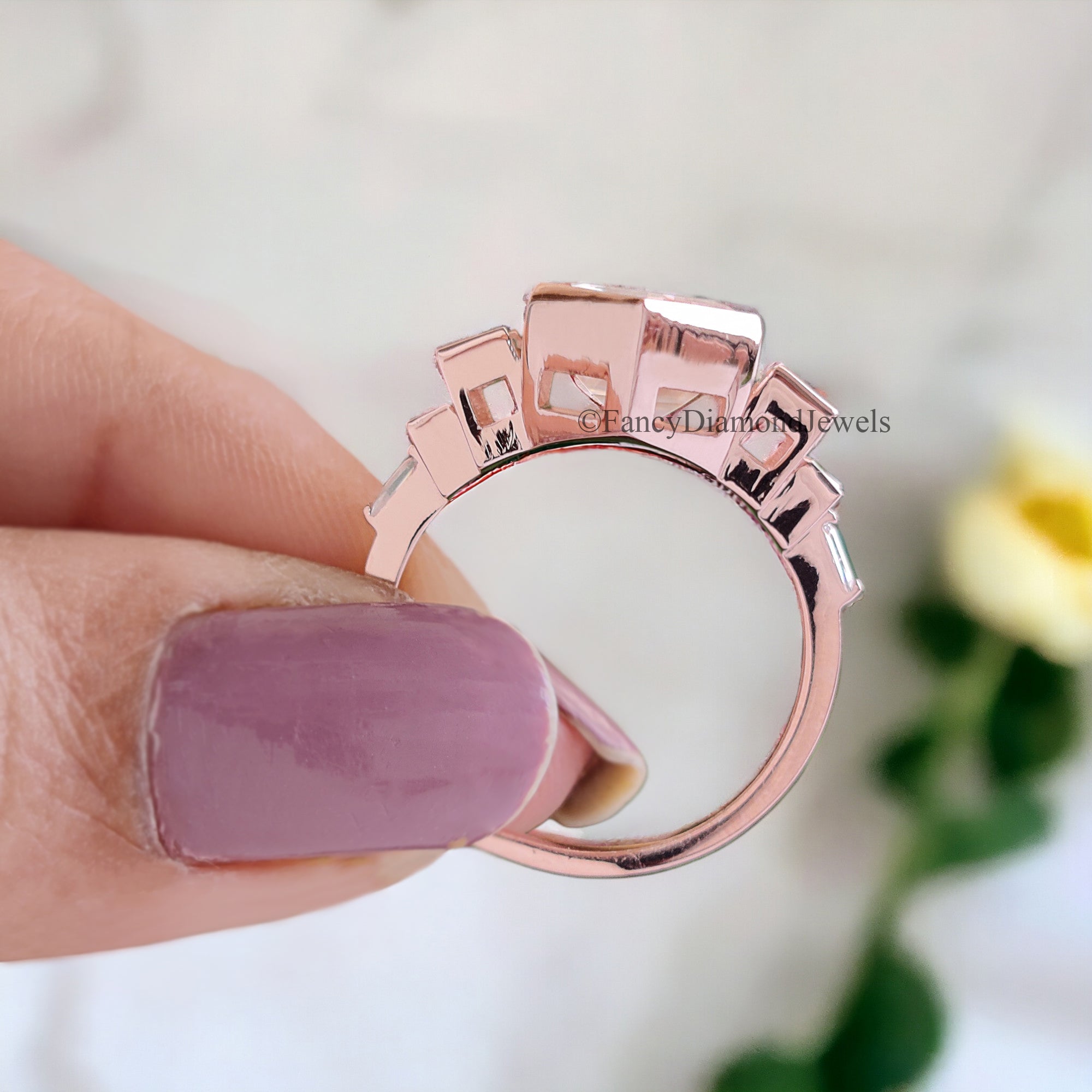 Hexagon Moissanite Engagement Ring Unique Rose Gold Engagement Ring Baguette Ring Bezel Set Art Deco Bridal Promise Anniversary Gift FD66