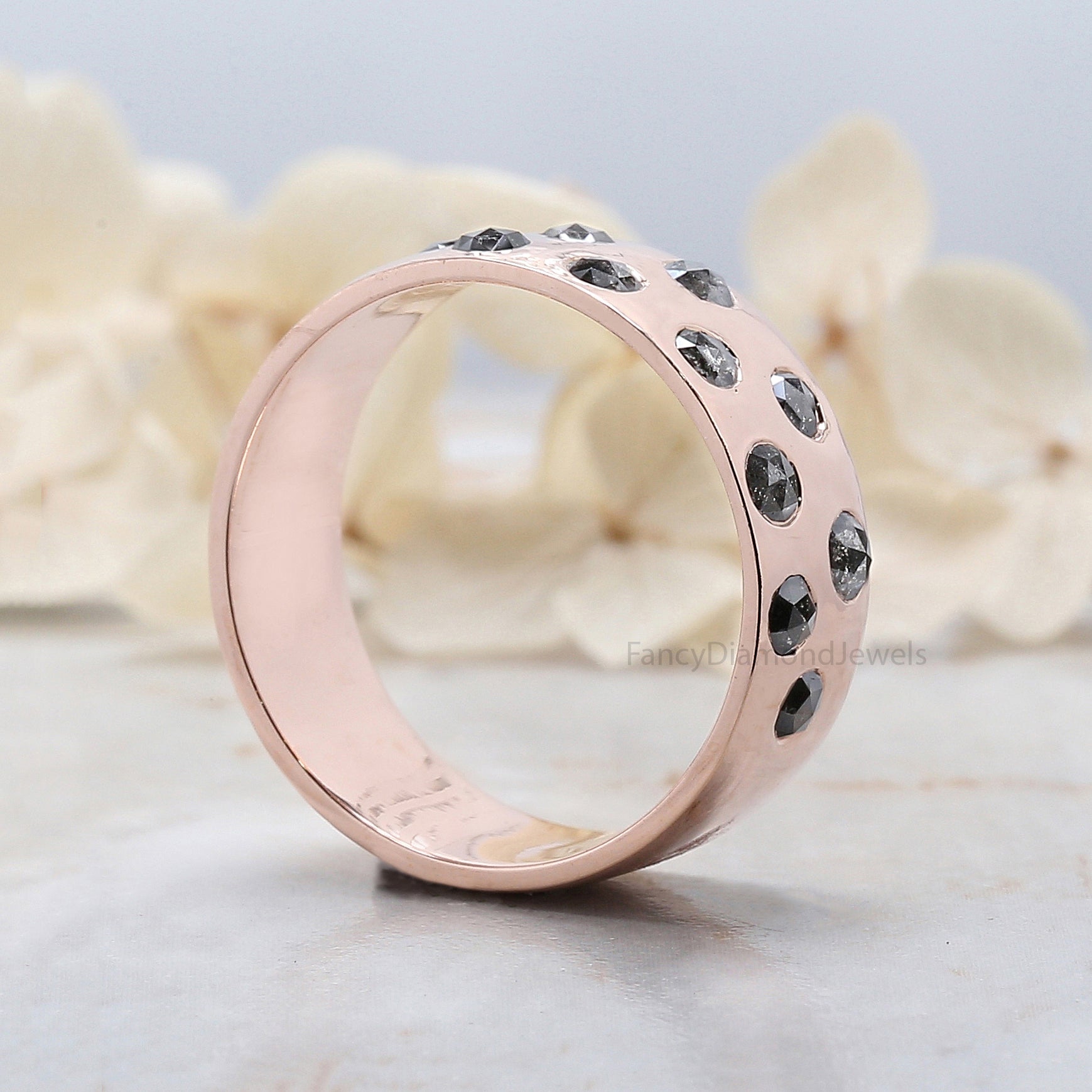 Round Rose Cut Salt And Pepper Diamond Band, Salt And Pepper Rose Cut Diamond Engagement Band, Rose Cut Diamond Band, Round Band KDL1552