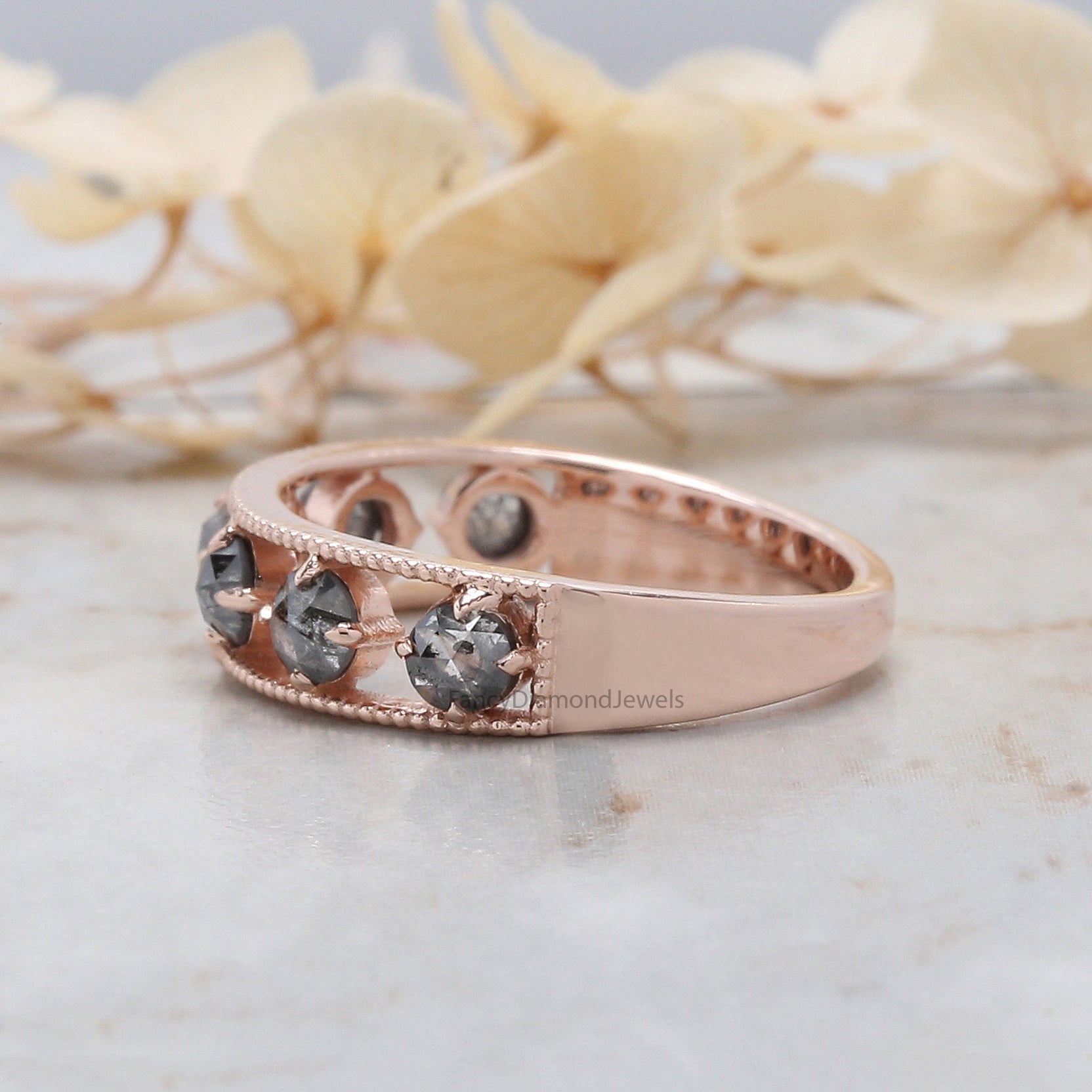 Round Rose Cut Salt And Pepper Diamond Ring 0.92 Ct 3.10 MM Round Diamond Ring 14K Rose Gold Silver Engagement Ring Gift For Her KD1224