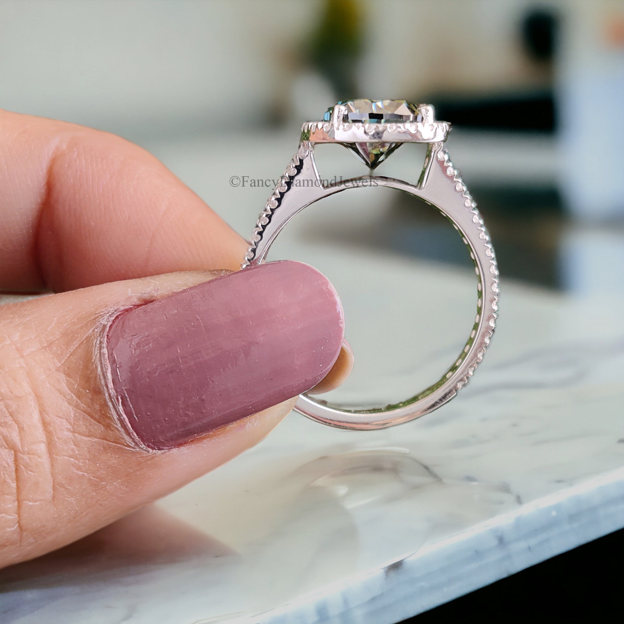 Pear Cyan Green Moissanite Ring Halo Engagement Ring 2.30 TW Pear Shaped Moissanite Ring Proposal Ring For Her Anniversary Gift Ring FD40