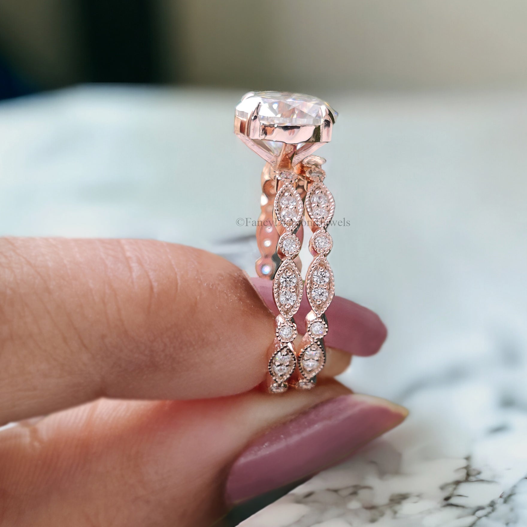 Wedding Ring Set Moissanite Rose Gold Engagement Ring Round 8.00 MM Moissanite Ring Diamond Milgrain Band Solitaire Ring Promise Ring FD130