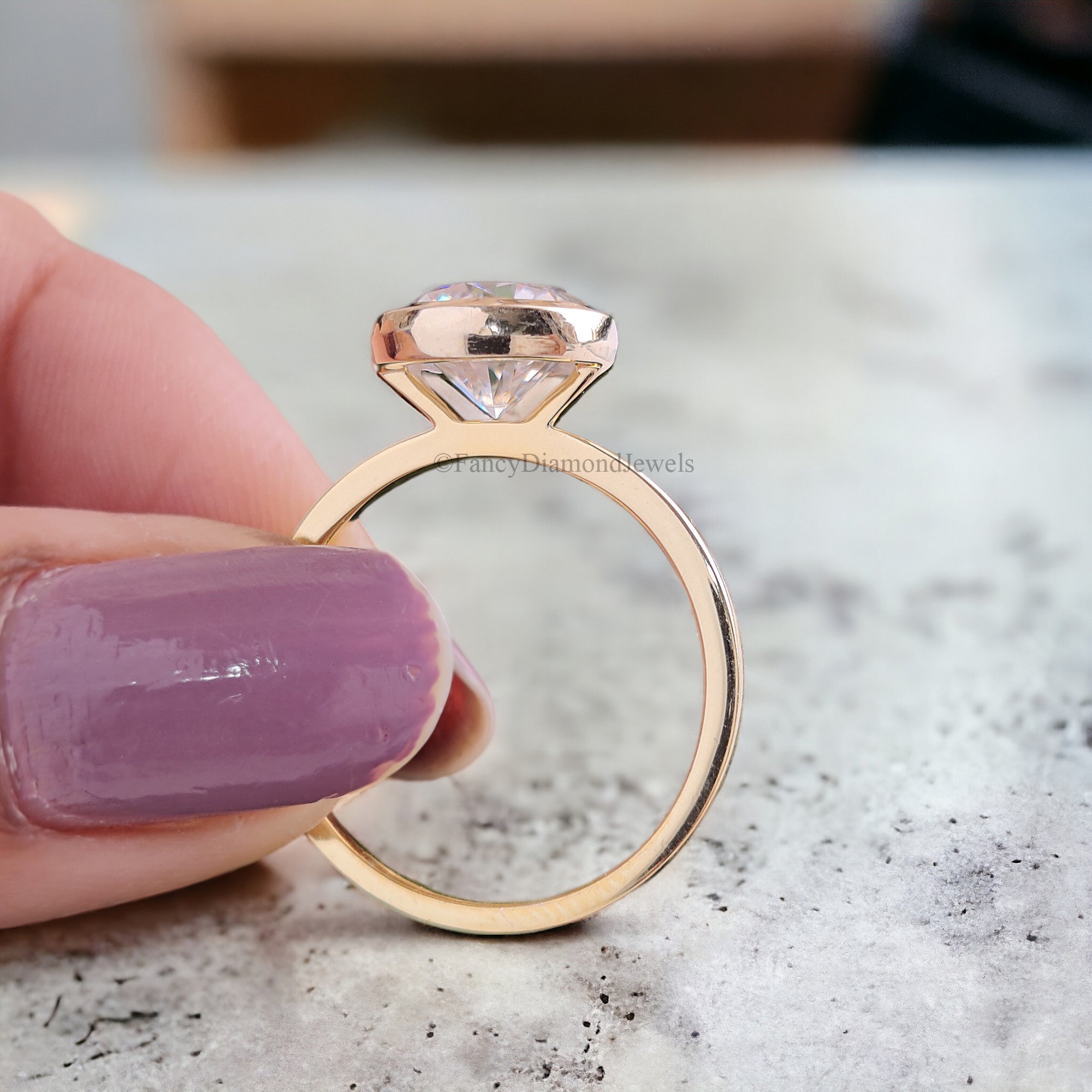 Unique 8 MM Round Heart and Arrows Cut Colorless Moissanite Bezel Set Ring Solitaire Engagement Ring Flat Comfort Fit Band Bridal Set FD113