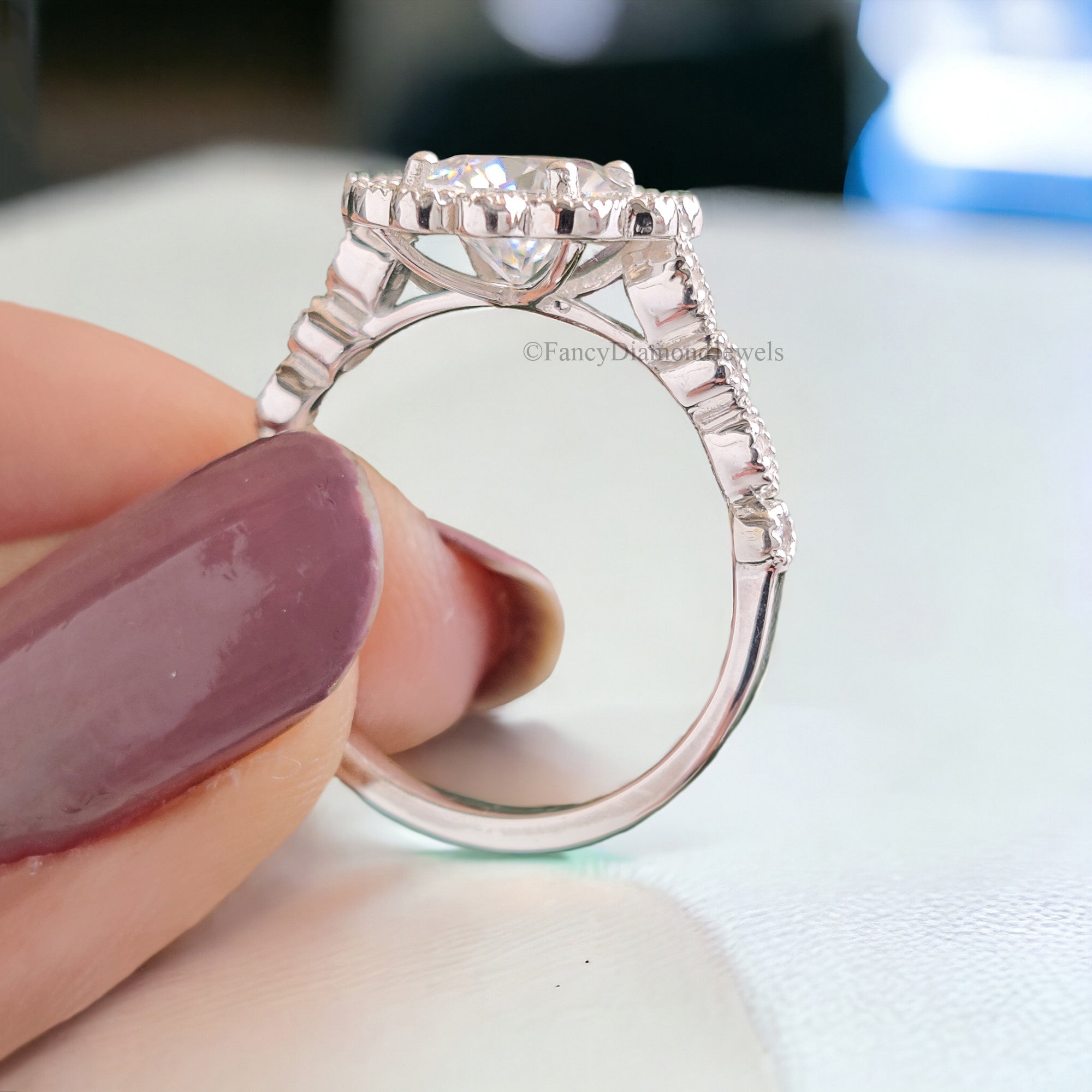 Round Cut Moissanite Engagement Ring Halo Milgrain Engagement Ring Handmade Jewelry White Gold Wedding Ring Surprise Gifts for Her FD124