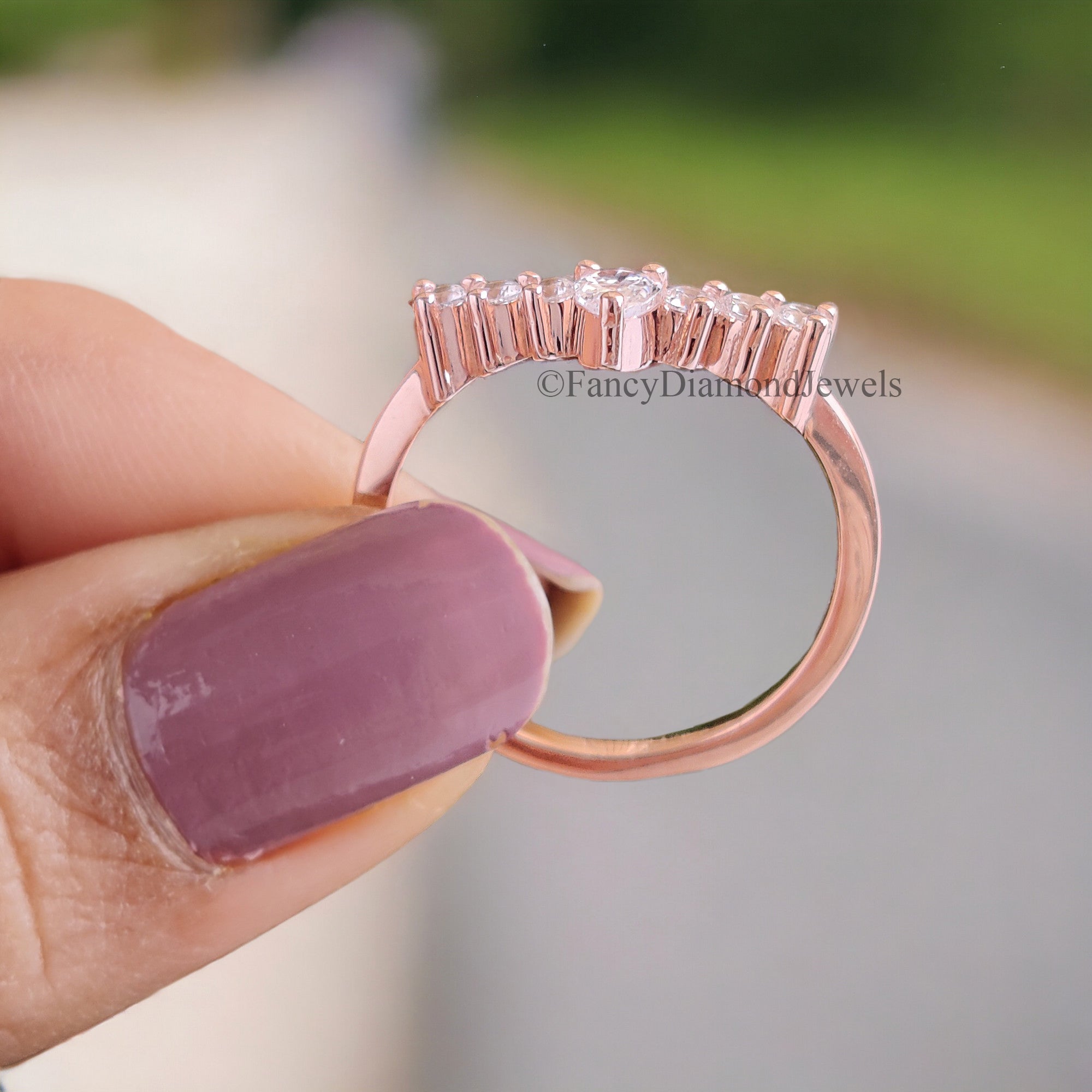 Curved Wedding Band Antique Moissanite Ring Pear cut Moissanite Wedding Band Rose Gold Unique Matching ring Anniversary dainty band FD60