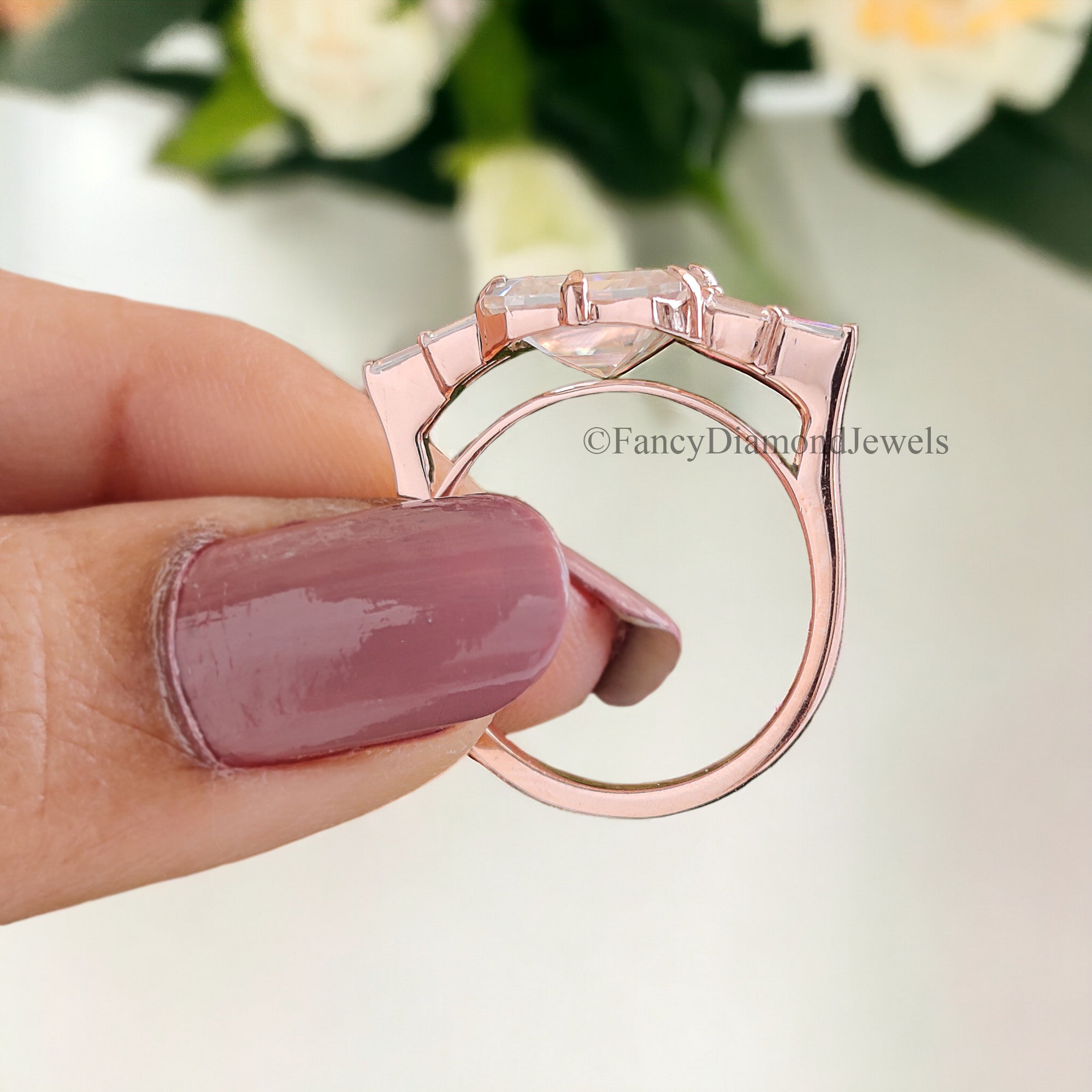 Perfect Anniversary Gift 2.50 CT Asscher Cut Colorless Moissanite Engagement Ring Side baguette Moissanite Wedding Ring Bridal Set Ring FD85