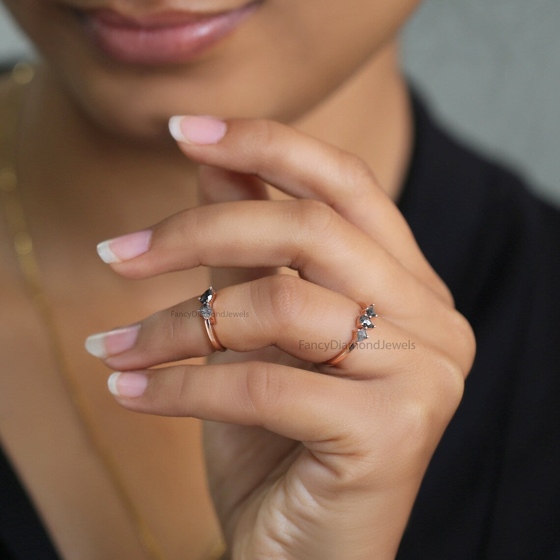 Salt And Pepper Pair Diamond Midi Ring, Mix Shape Engagement Ring, Salt And Pepper Diamond Ring, Full Finger Ring, Finger pair Ring KDN2283