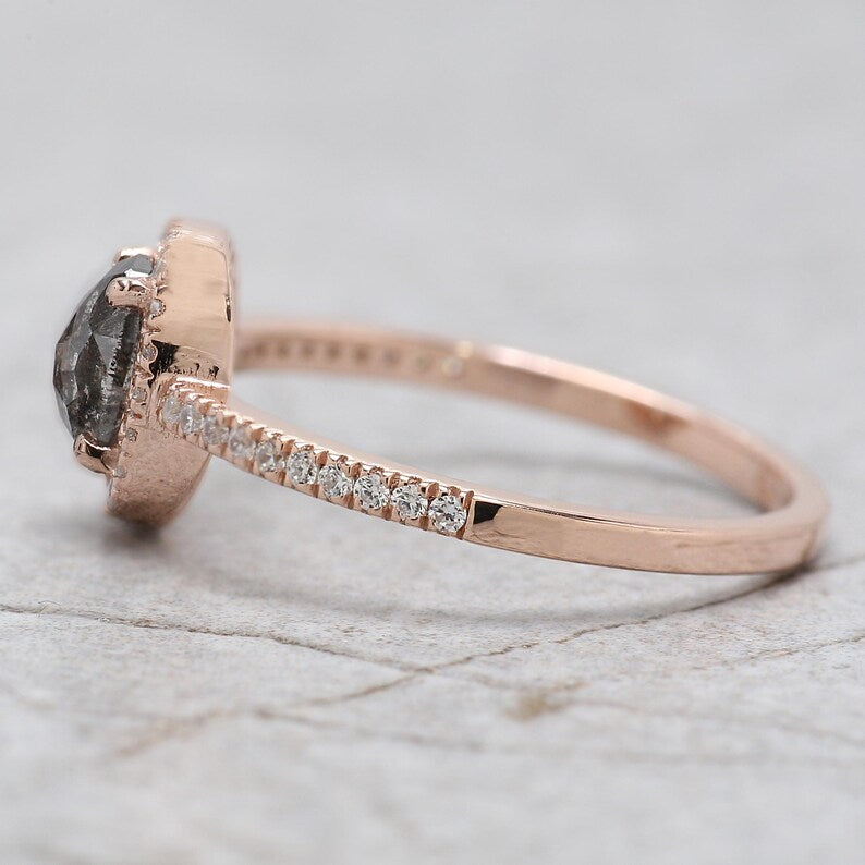 Oval Cut Salt And Pepper Diamond Ring 0.68 Ct 5.90 MM Oval Diamond Ring 14K Solid Rose Gold Silver Oval Engagement Ring Gift For Her QL8745