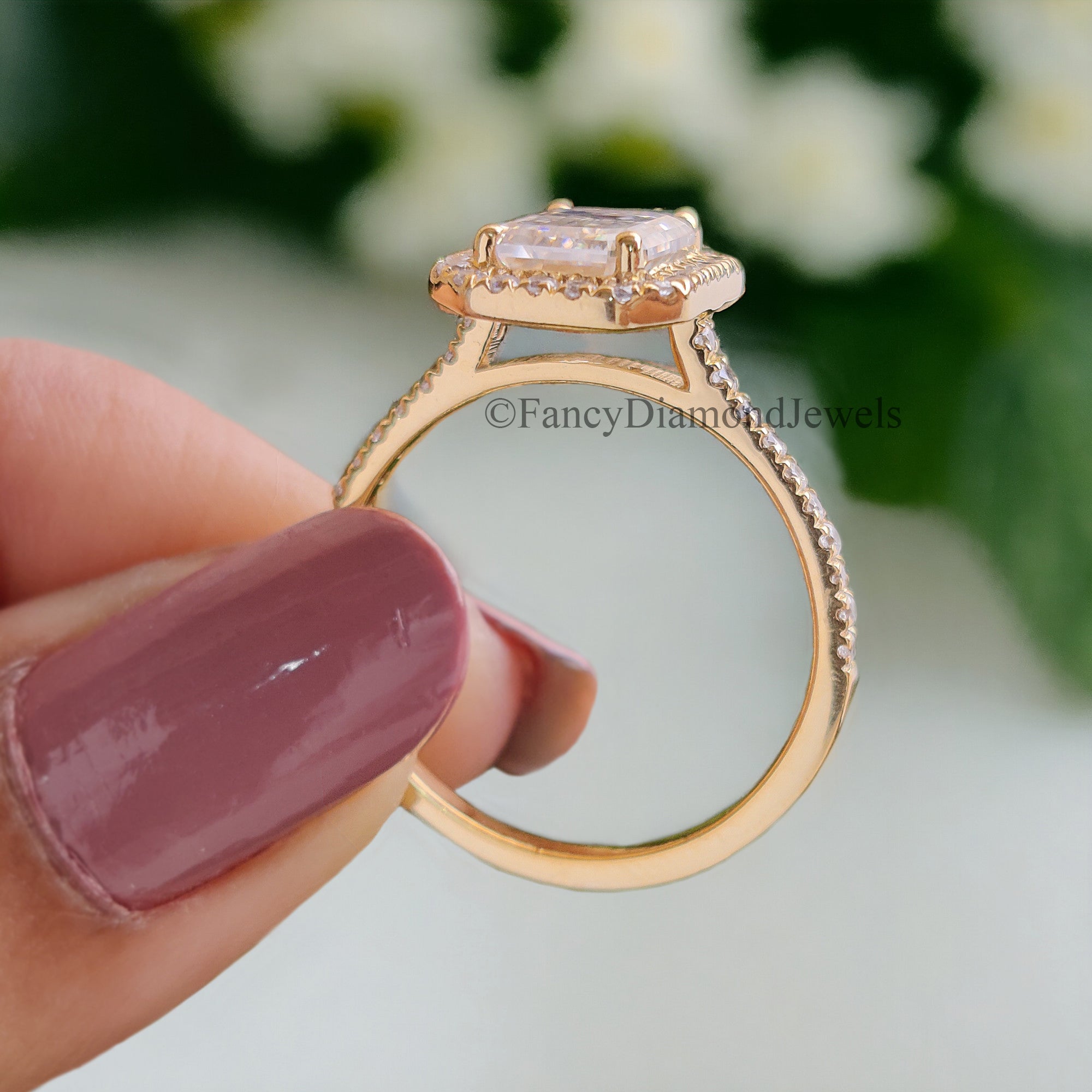 1.5 CT Emerald Cut Moissanite Solitaire Ring 14K Yellow Gold Engagement Ring Halo Setting Statement Ring Gift For Her Anniversary Ring FD89