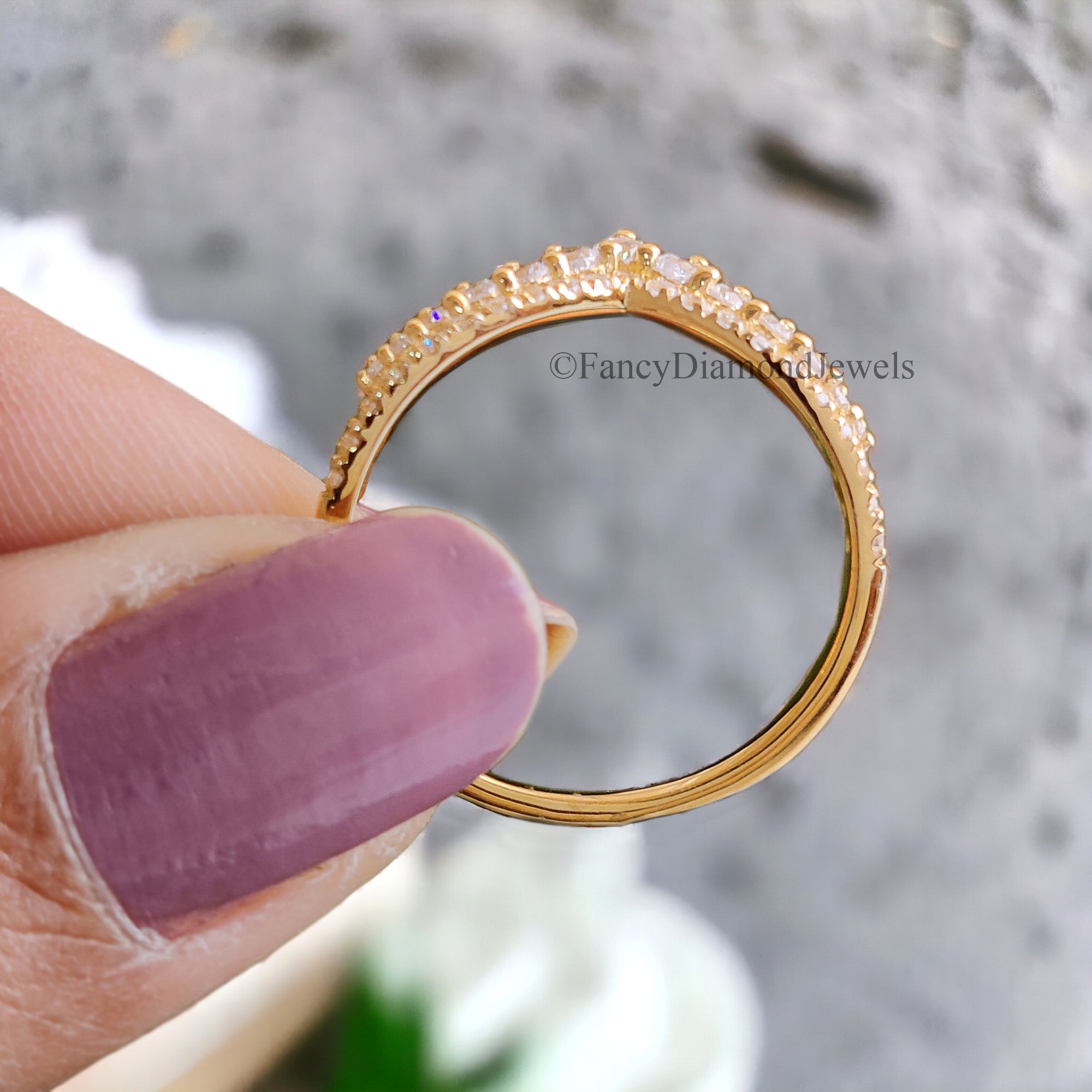 Vintage Diamond wedding band Yellow gold Round cut moissanite matching band Stacking Band curved wedding band Unique Anniversary ring FD41