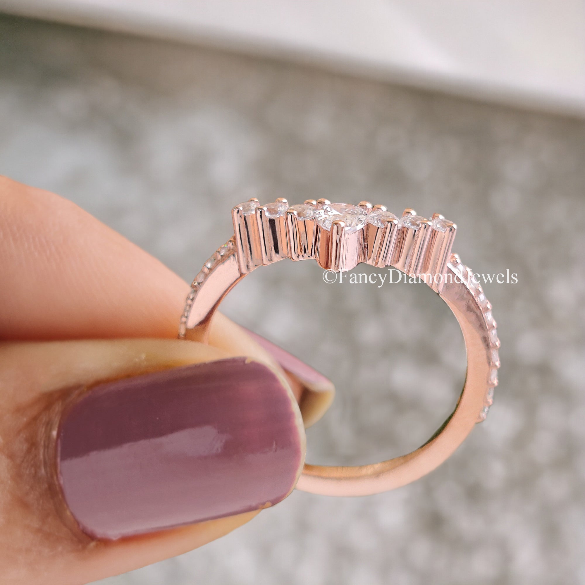 Curved wedding band Antique Pear cut Moissanite ring Rose Gold Unique Matching ring Half eternity Anniversary Stacking dainty band FD63