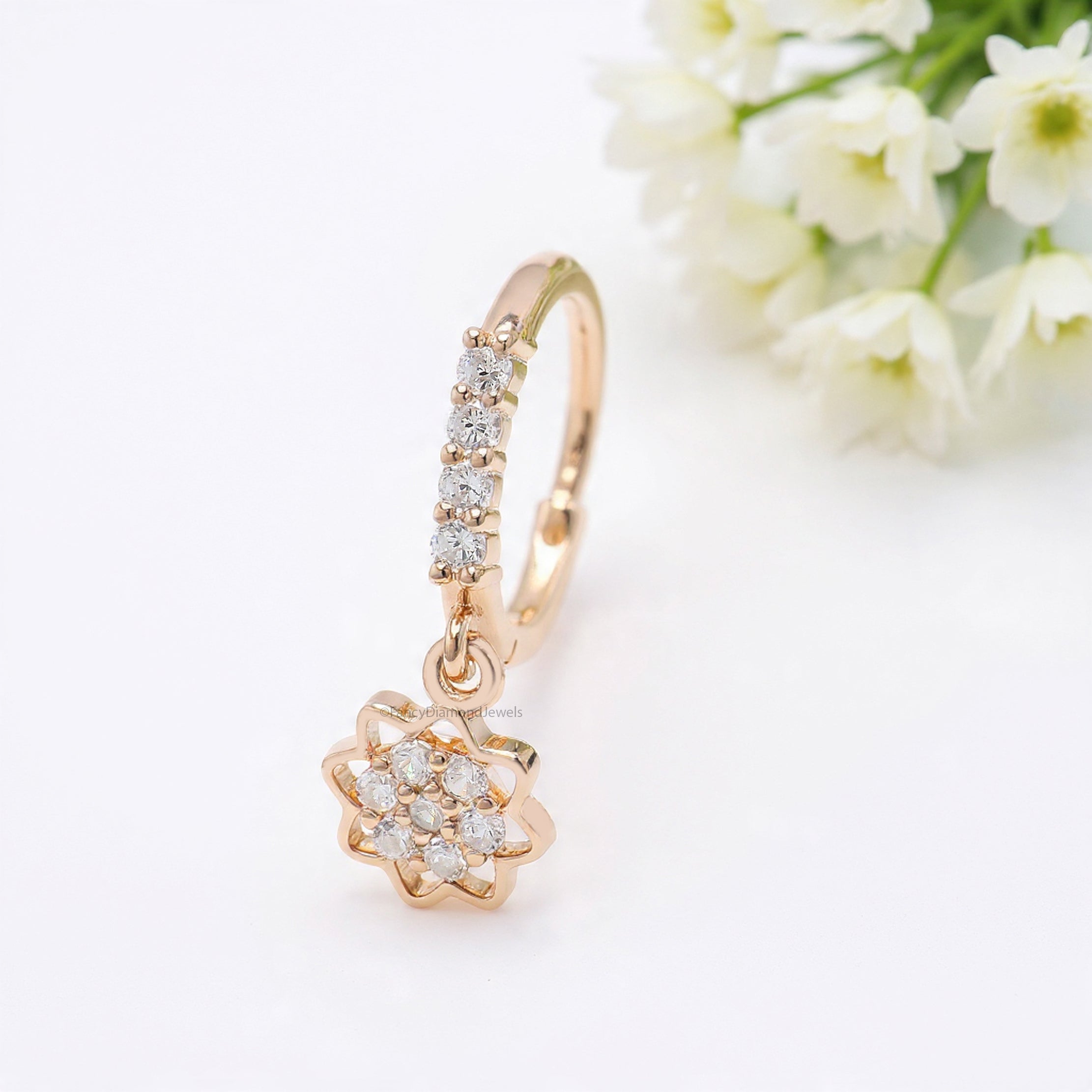 Flower Nose Ring With Diamond Dangling Nose Studs Moissanite Diamond Nose Hoop Nose Stud Rose Gold Nose Ring Diamond Nose Stud Hoop FD492