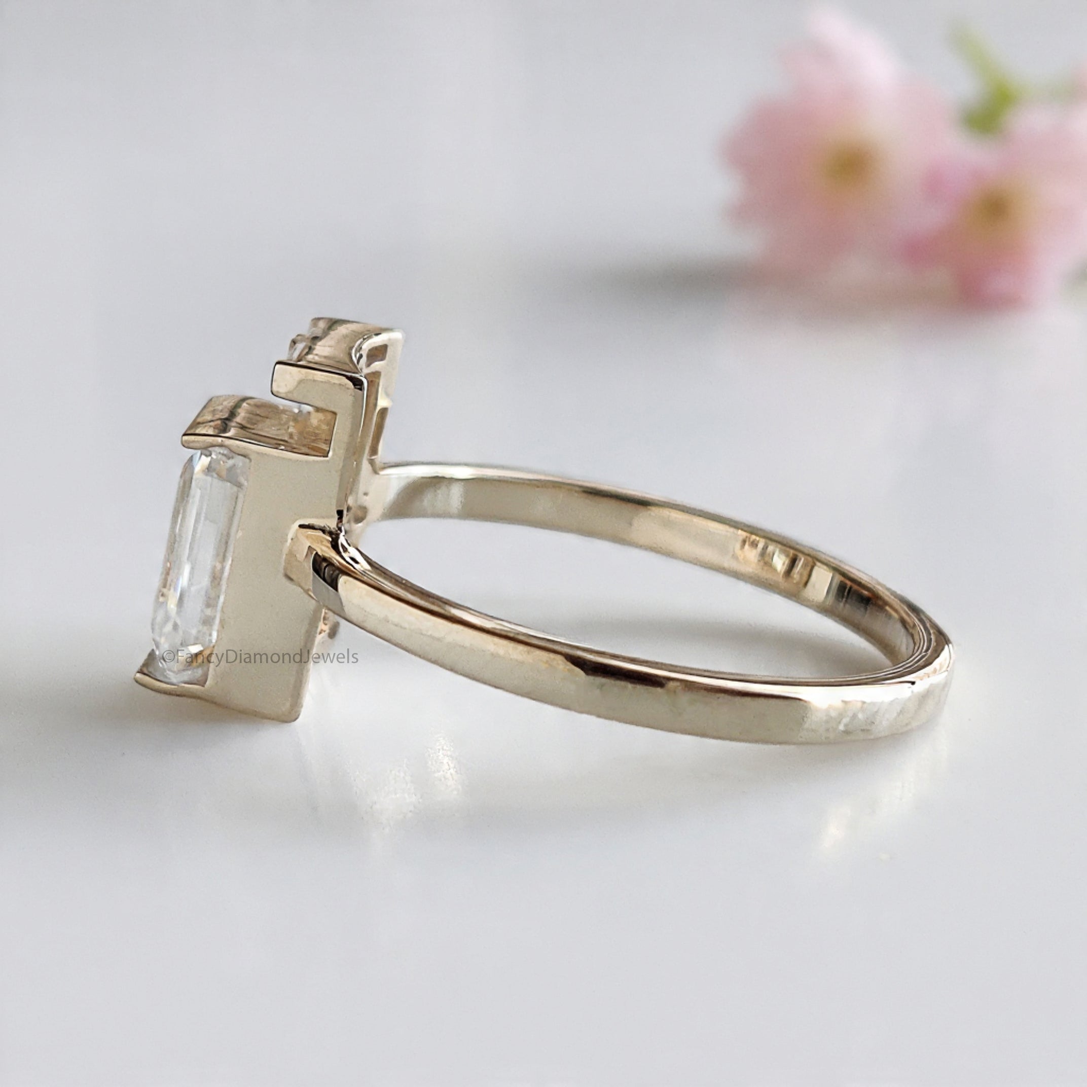 1.05 CT Emerald cut Lab Grown Baguette Diamond Engagement Ring Emerald Diamond Statement ring Half Bezel Set Emerald Ring for Her FD469