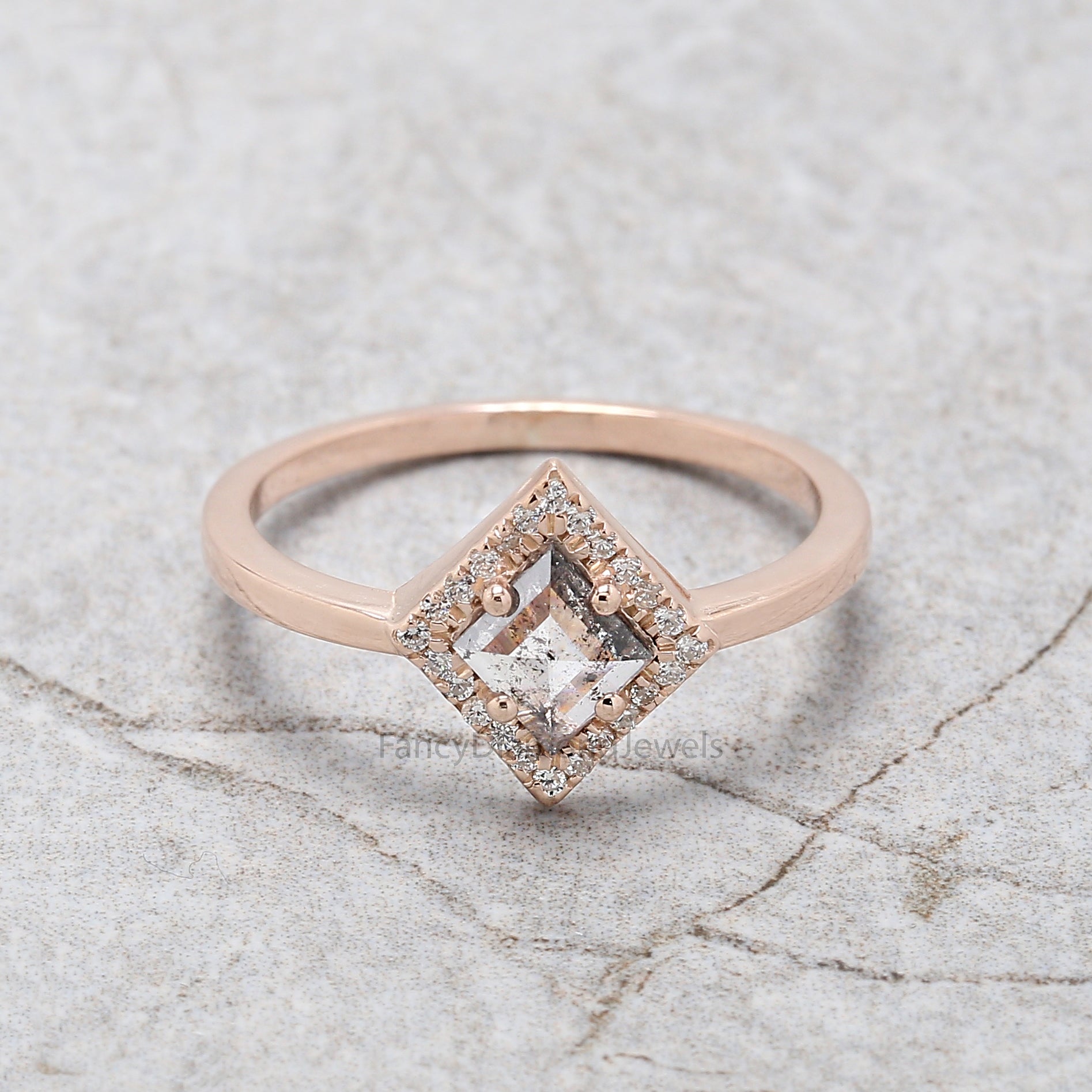 Kite Salt And Pepper Diamond Ring, Natural Kite Diamond Ring, Kite Diamond Engagement Ring, Kite Halo Diamond Ring, Kite Cut Ring KD1124