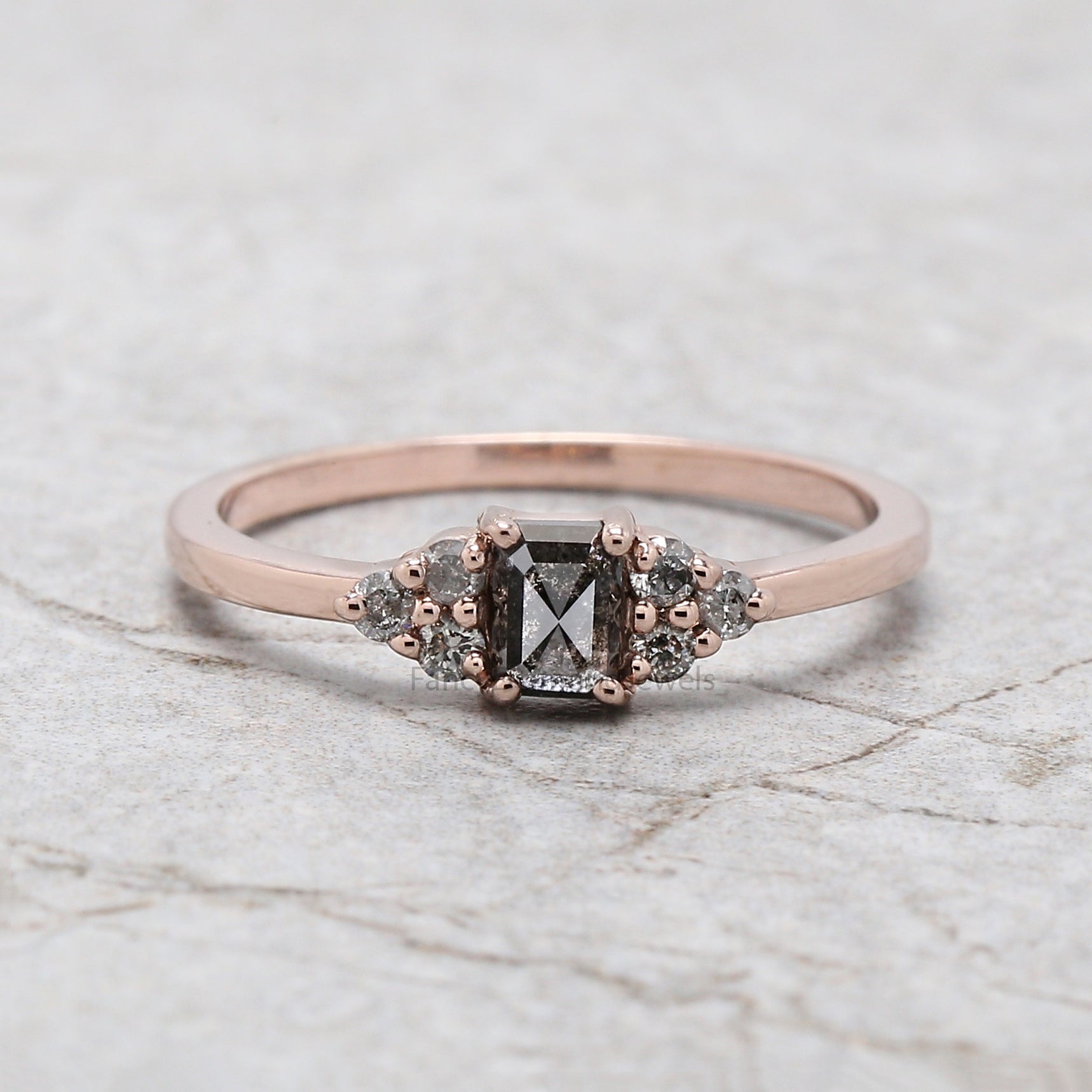 Emerald Salt And Pepper Diamond Ring 0.38 Ct 4.65 MM Emerald Diamond Ring 14K Solid Rose Gold Silver Engagement Ring Gift For Her QK180