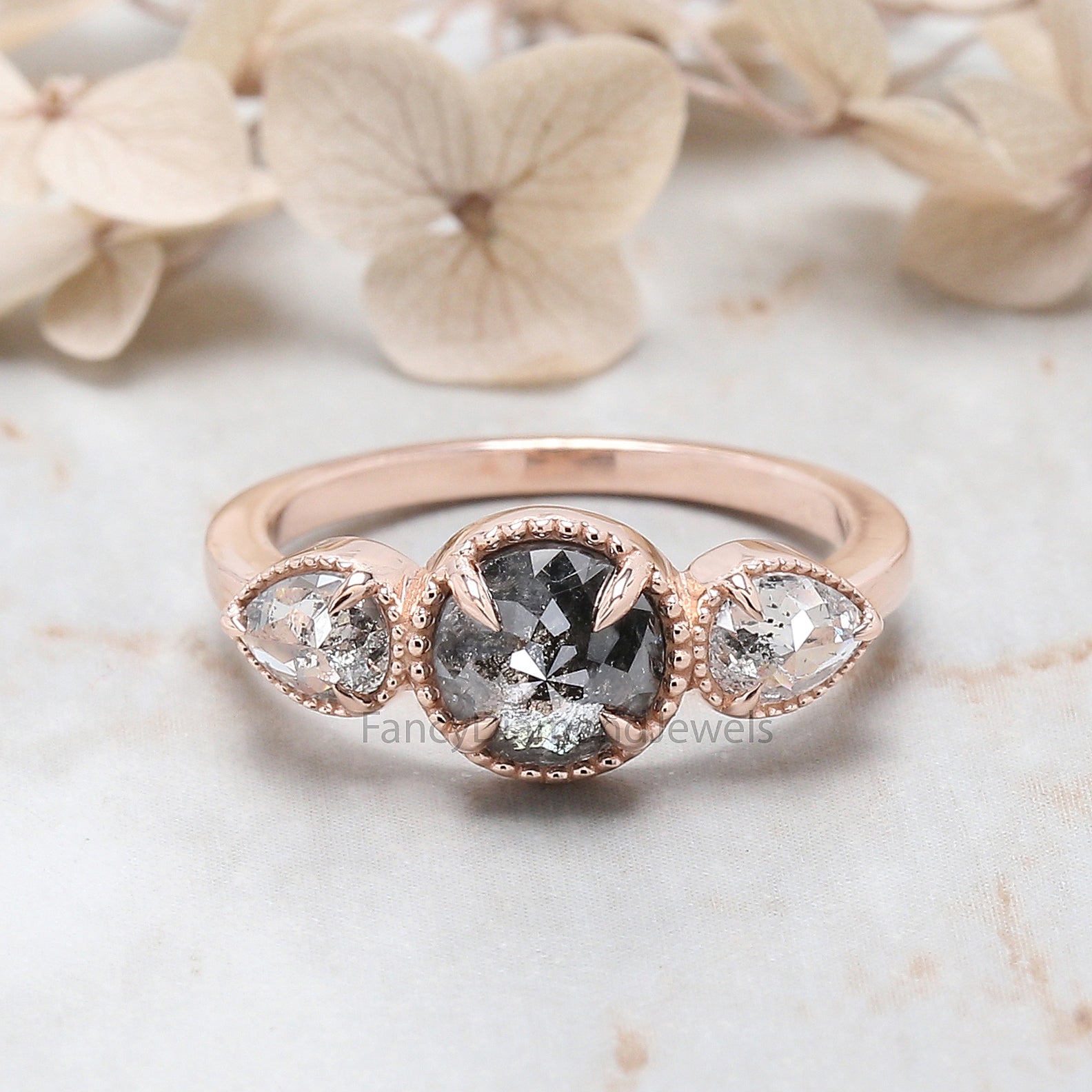 Round Rose Cut Salt And Pepper Diamond Ring 1.16 Ct 6.45 MM Round Diamond Ring 14K Rose Gold Silver Engagement Ring Gift For Her QN9777